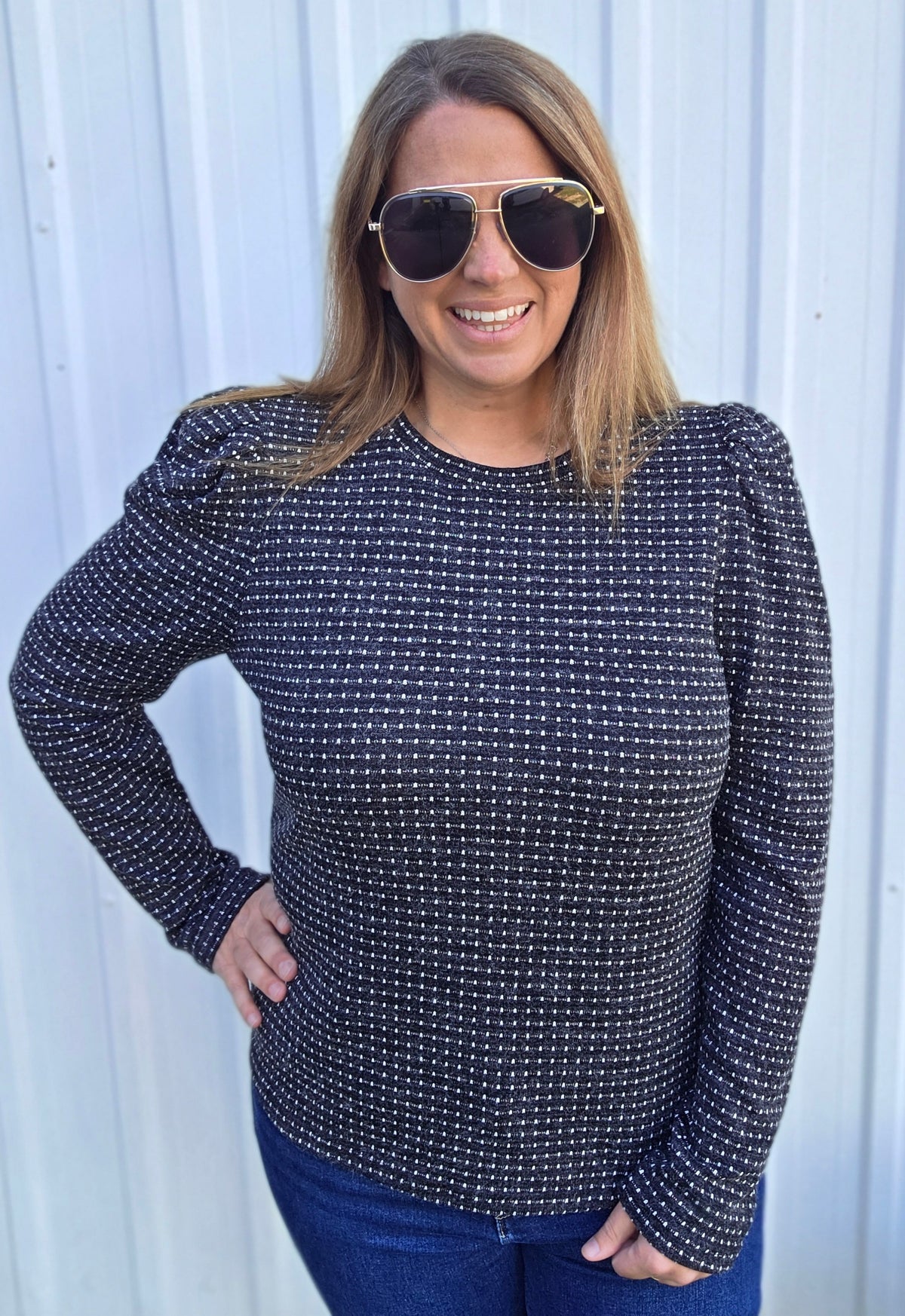 Black Dotted Puff Sleeve Crewneck Knit  Top