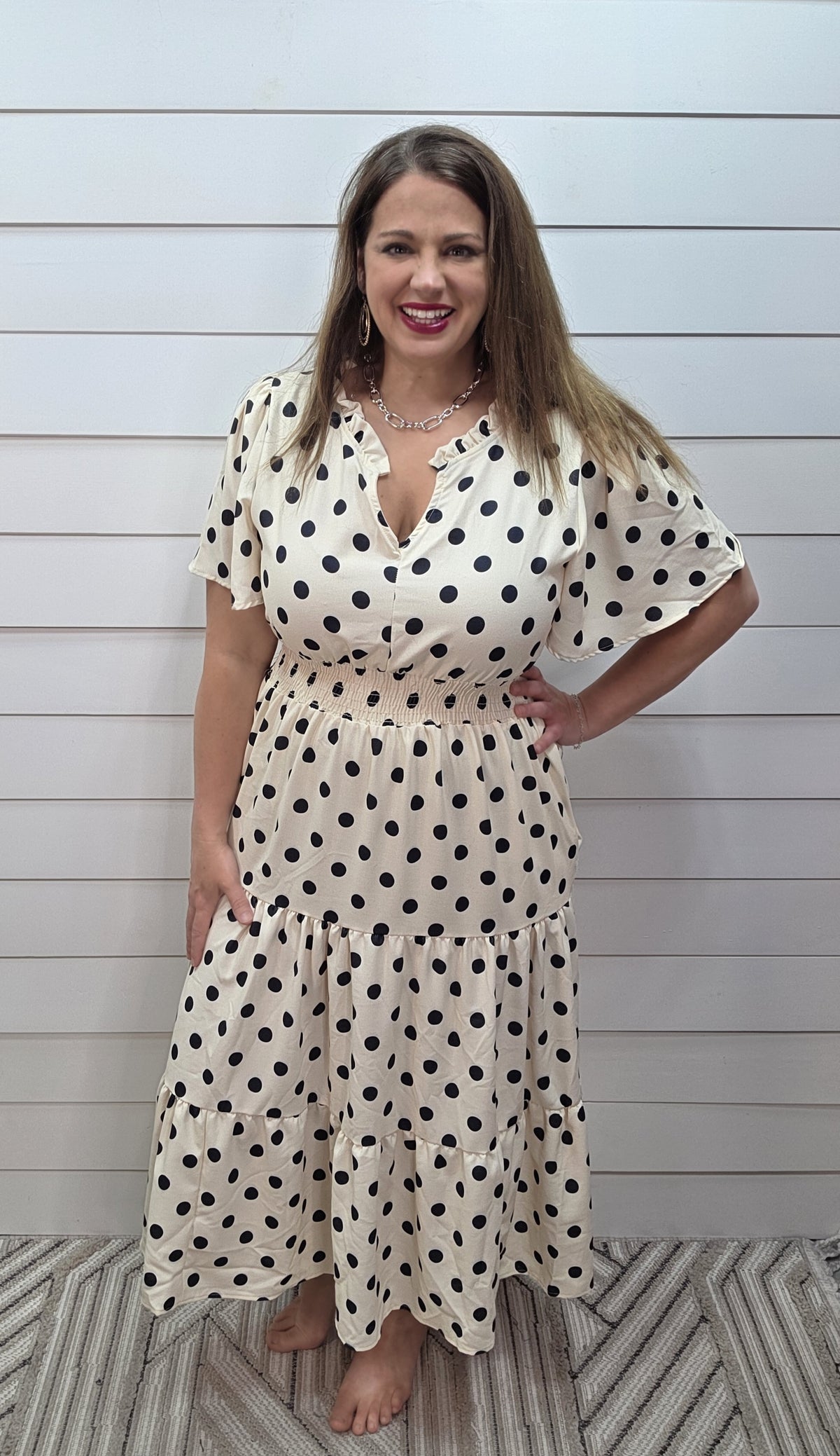 IVORY/BLACK DOT ELASTIC WASIT LONG DRESS
