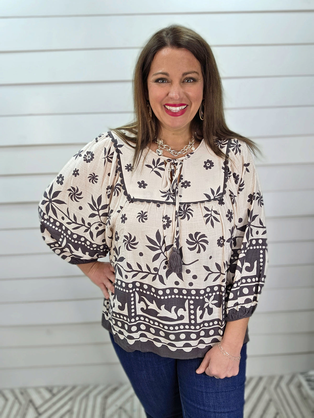 ASH MOCHA PRINTED 3/4 SLEEVE WOVEN TOP