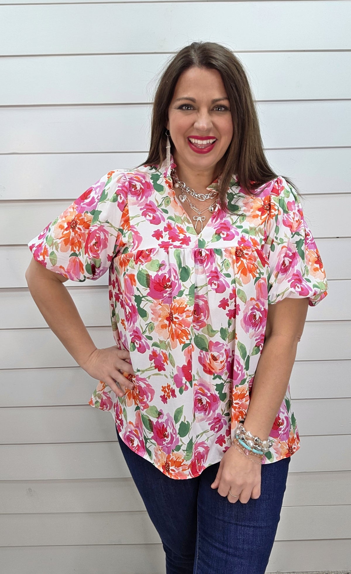 IVORY/FUCHSIA/ORANGE FLORAL V NECK FLOWY WOVEN TOP