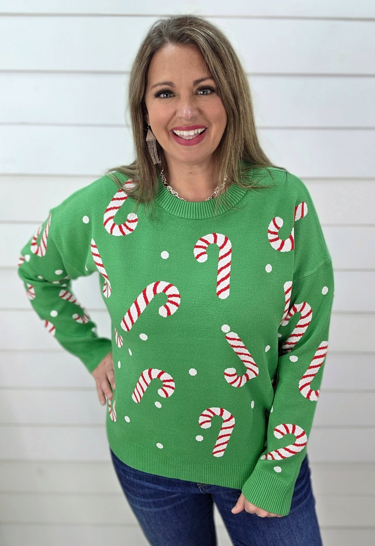 GREEN CANDY CANE SWEATER