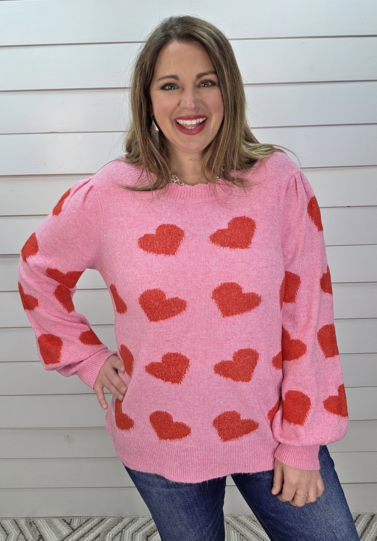 PINK/RED HEART SWEATER W/ SCALLOPED NECKLINE