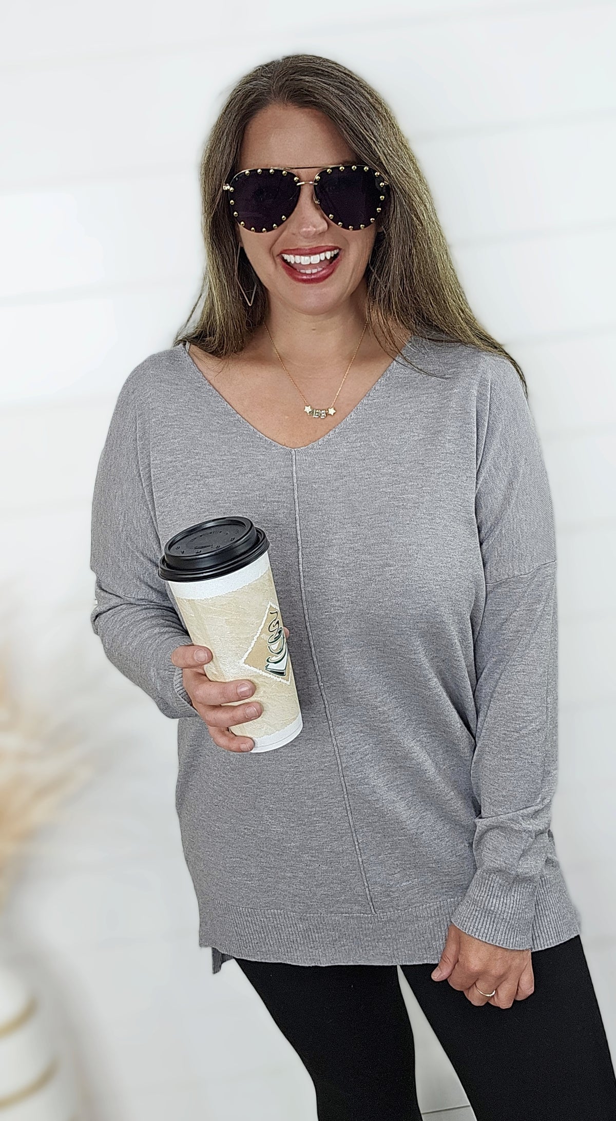 HEATHER GREY FRONT SEAM ULTRA SOFT LIGHT WEIGHT SWEATER