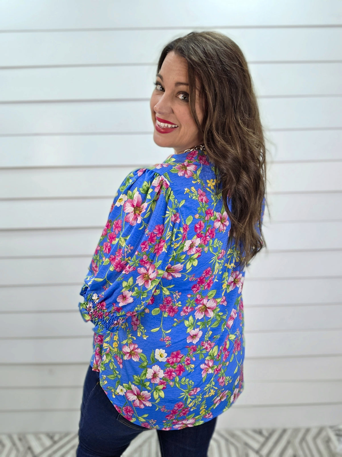 DEAR SCARLETT SMOCKED TOP - OCEAN BLUE/PINK FLORAL