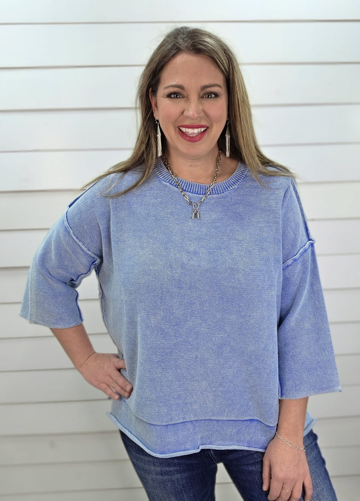 VINTAGE DENIM 3/4 SLEEVE LOOSE FIT SWEATER