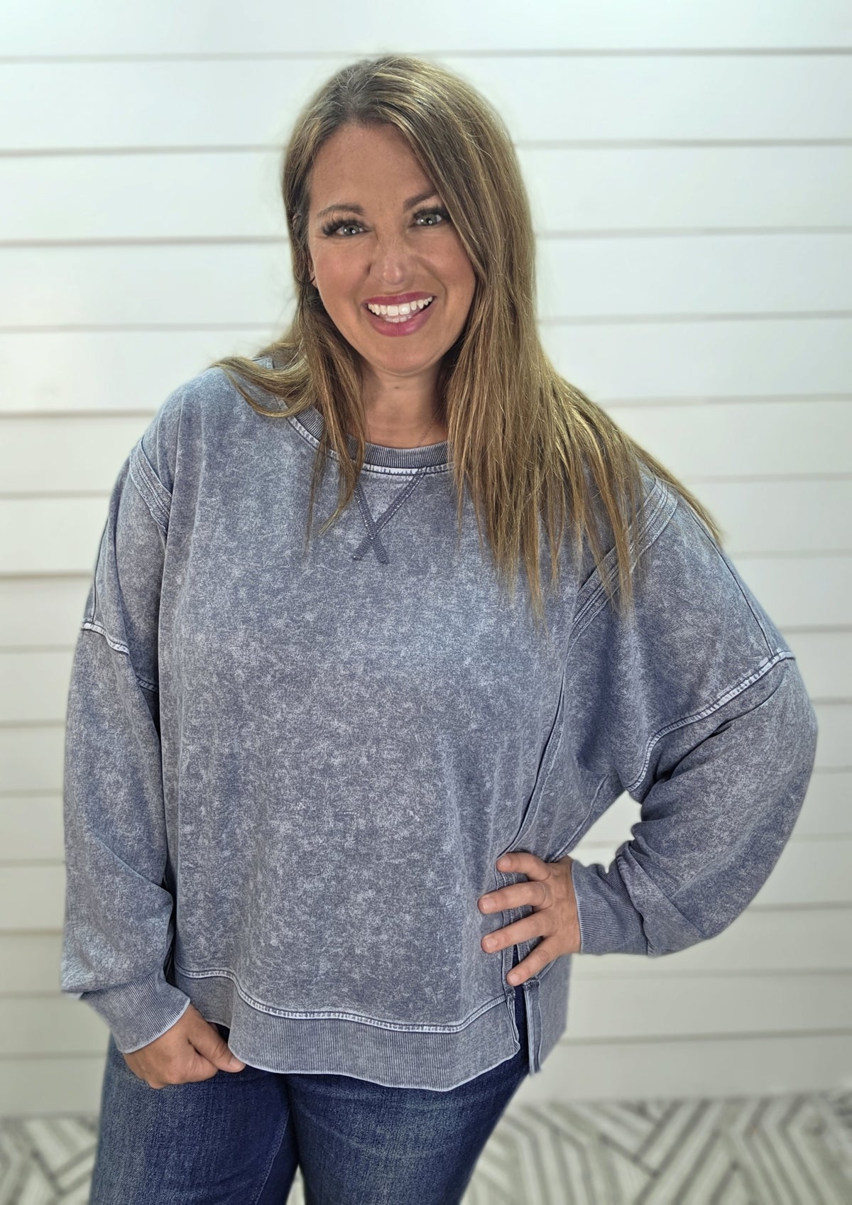 INDIGO BLUE Acid Wash Long Sleeve Side Slit Knit Top —