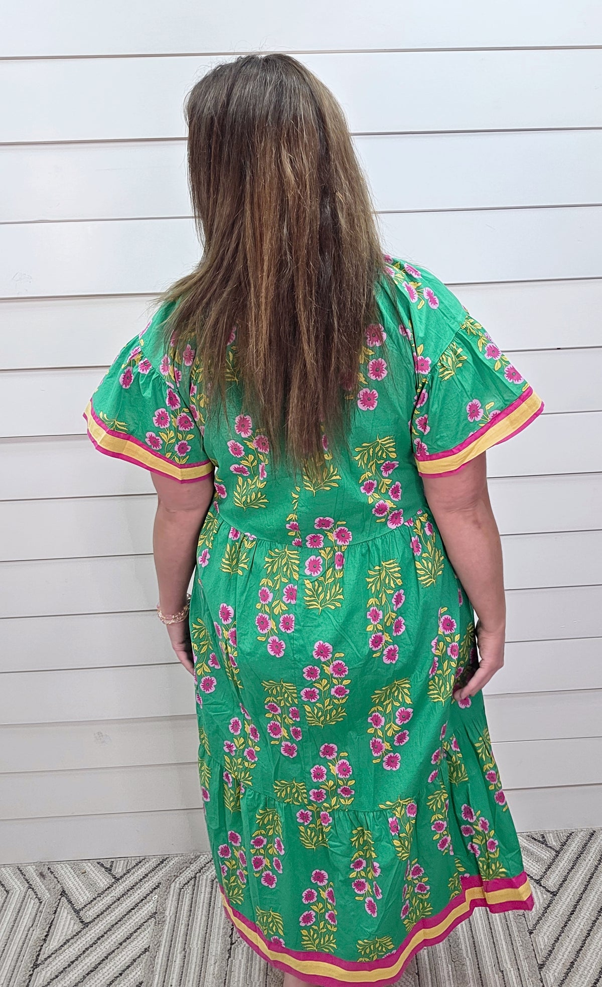 GREEN/PINK/YELLOW FLORAL V NECK LONG DRESS