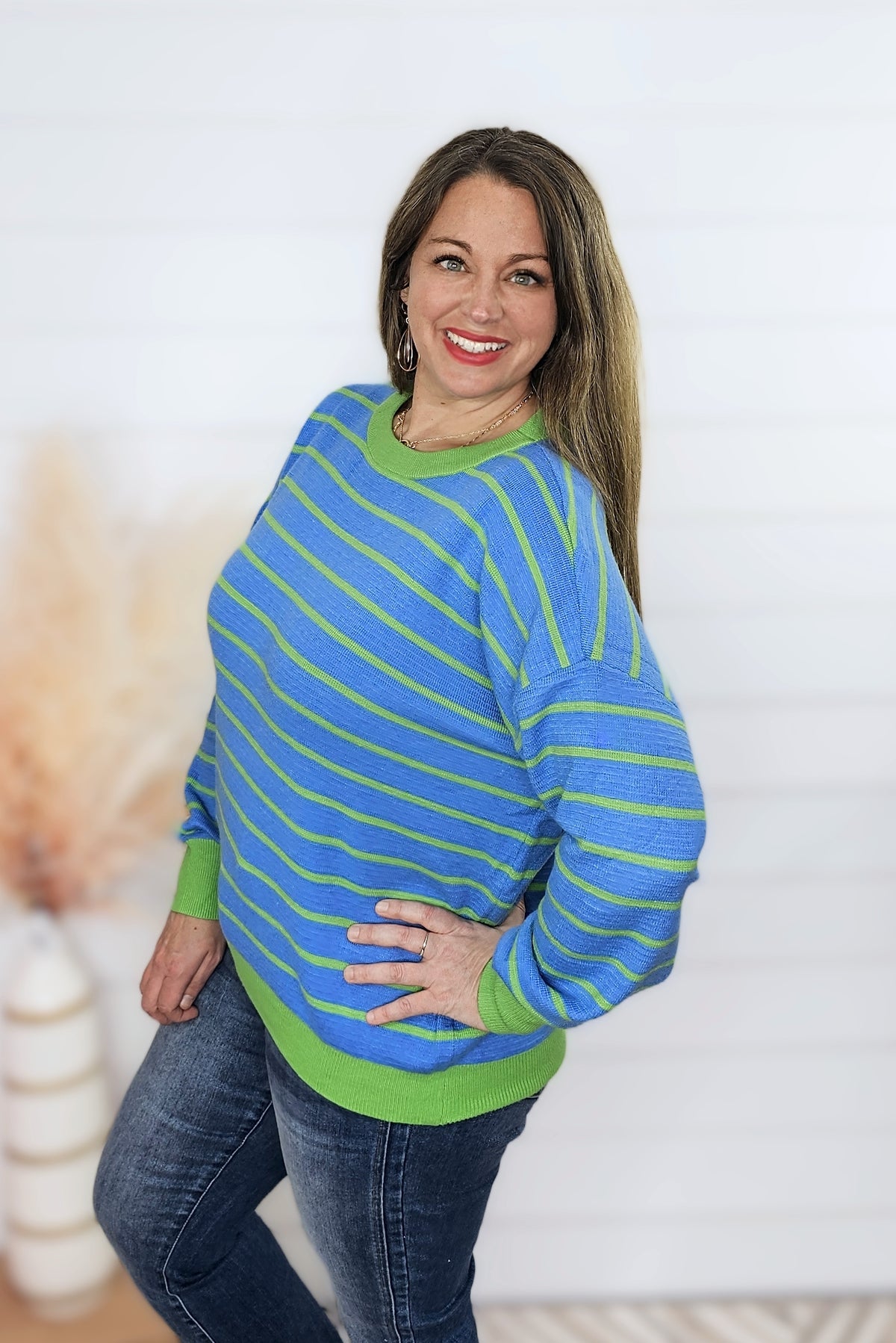 BLUE/GREEN STRIPED KNIT LOOSE TOP