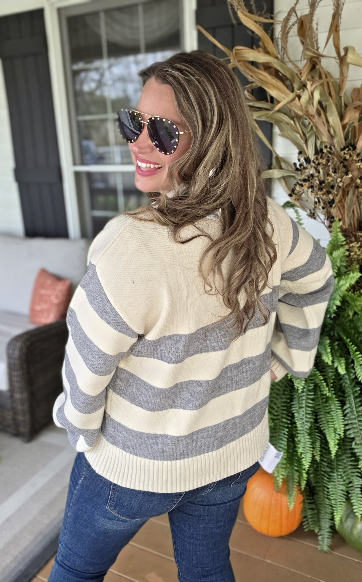 GREY STRIPED V NECK BUTTON TRIM SWEATER