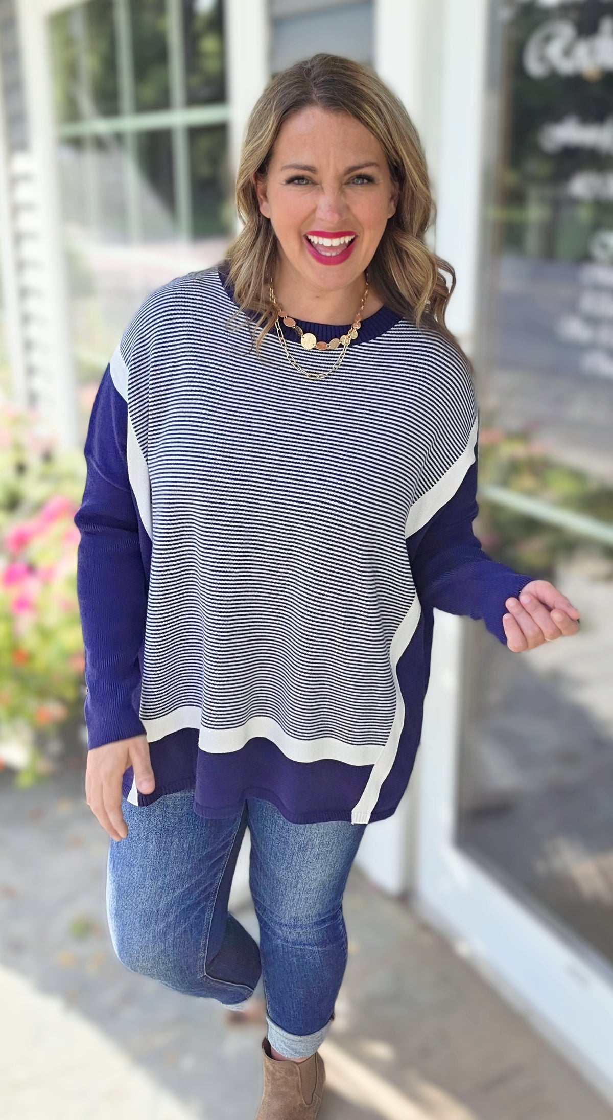 BLUE STRIPED/COLORBLOCK DOLMAN TUNIC SWEATER