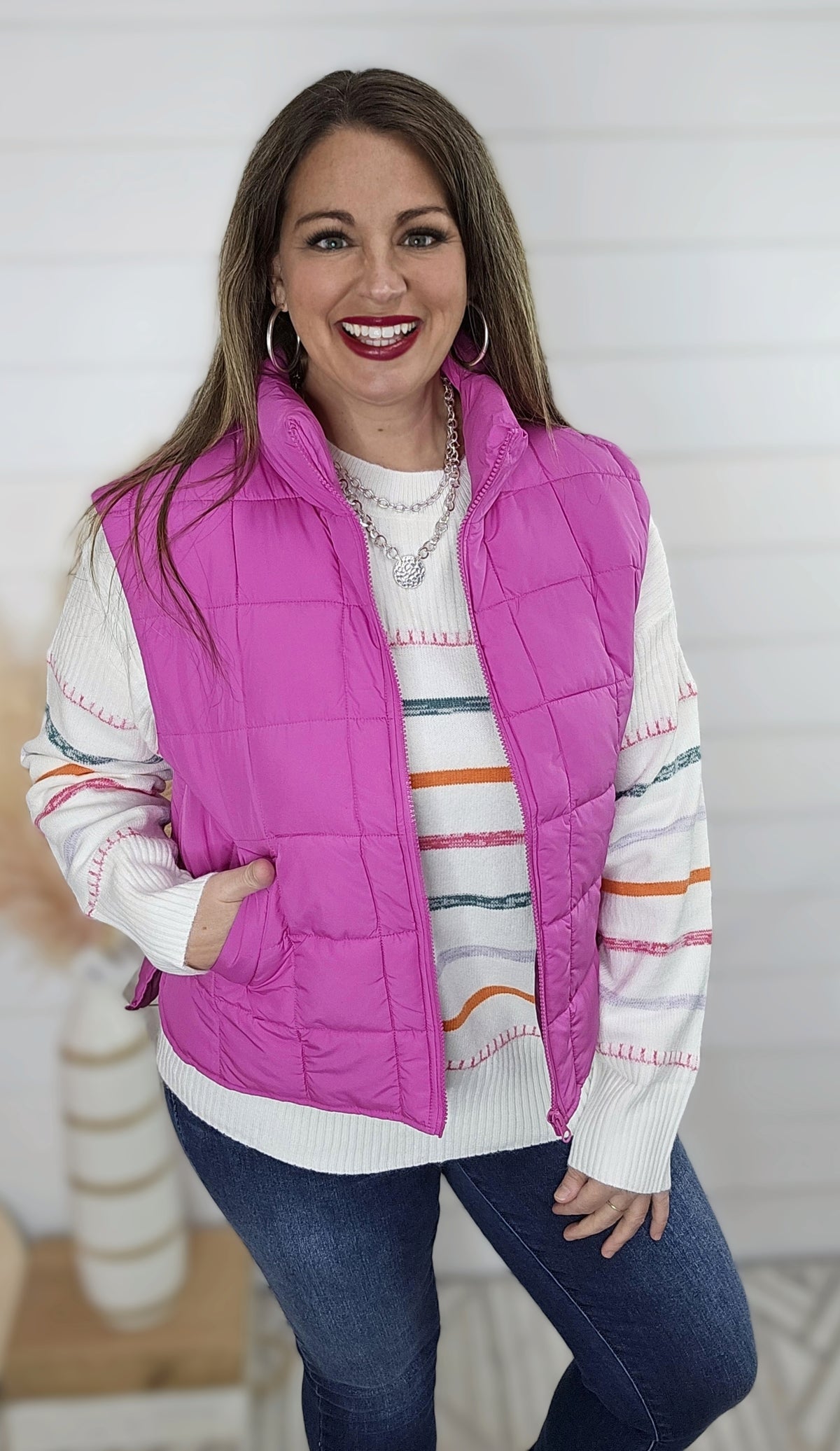 WHITE MULTI STRIPED CREW NECK SWEATER