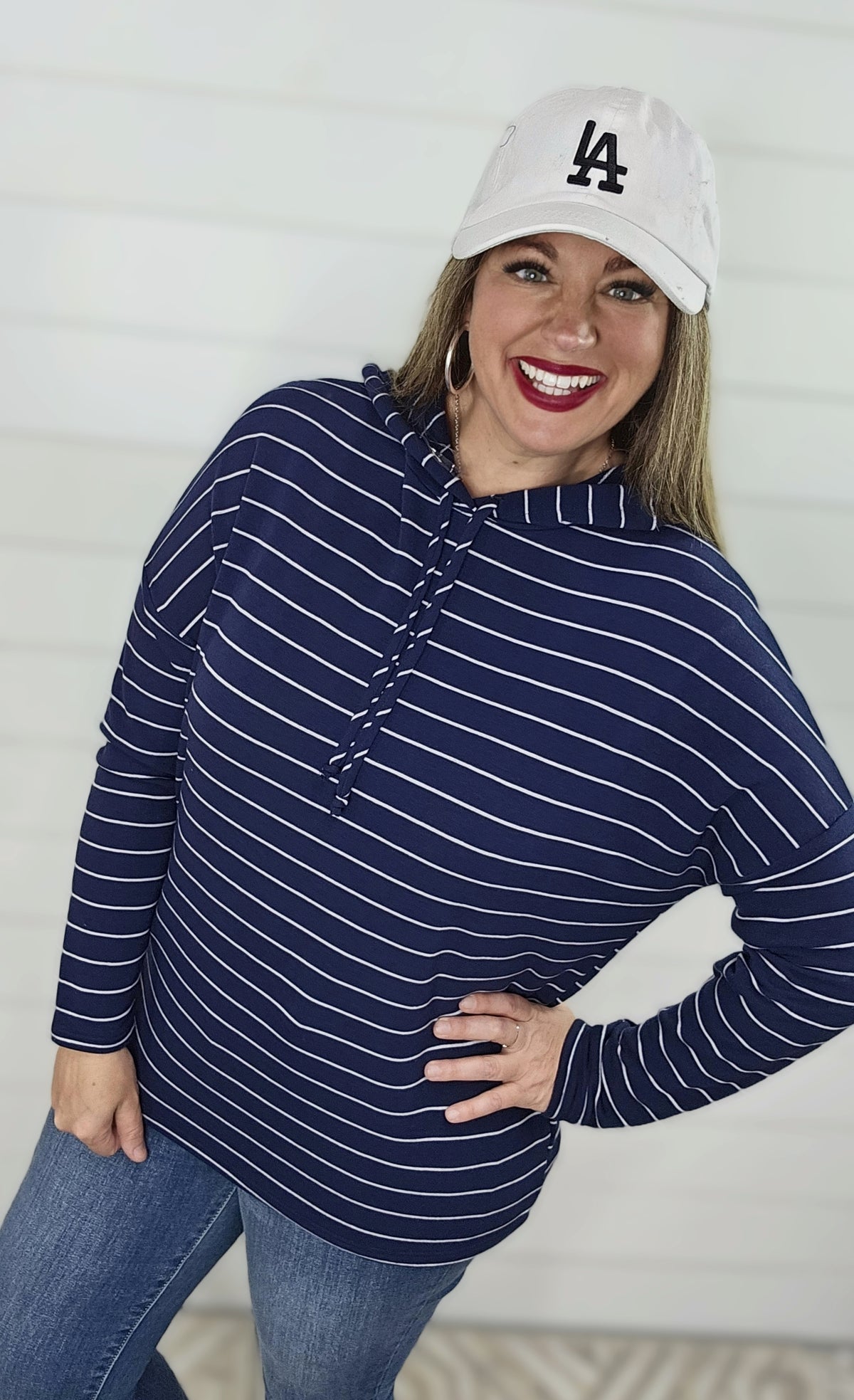 NAVY PIN STRIPED FRENCH TERRY HOODIE