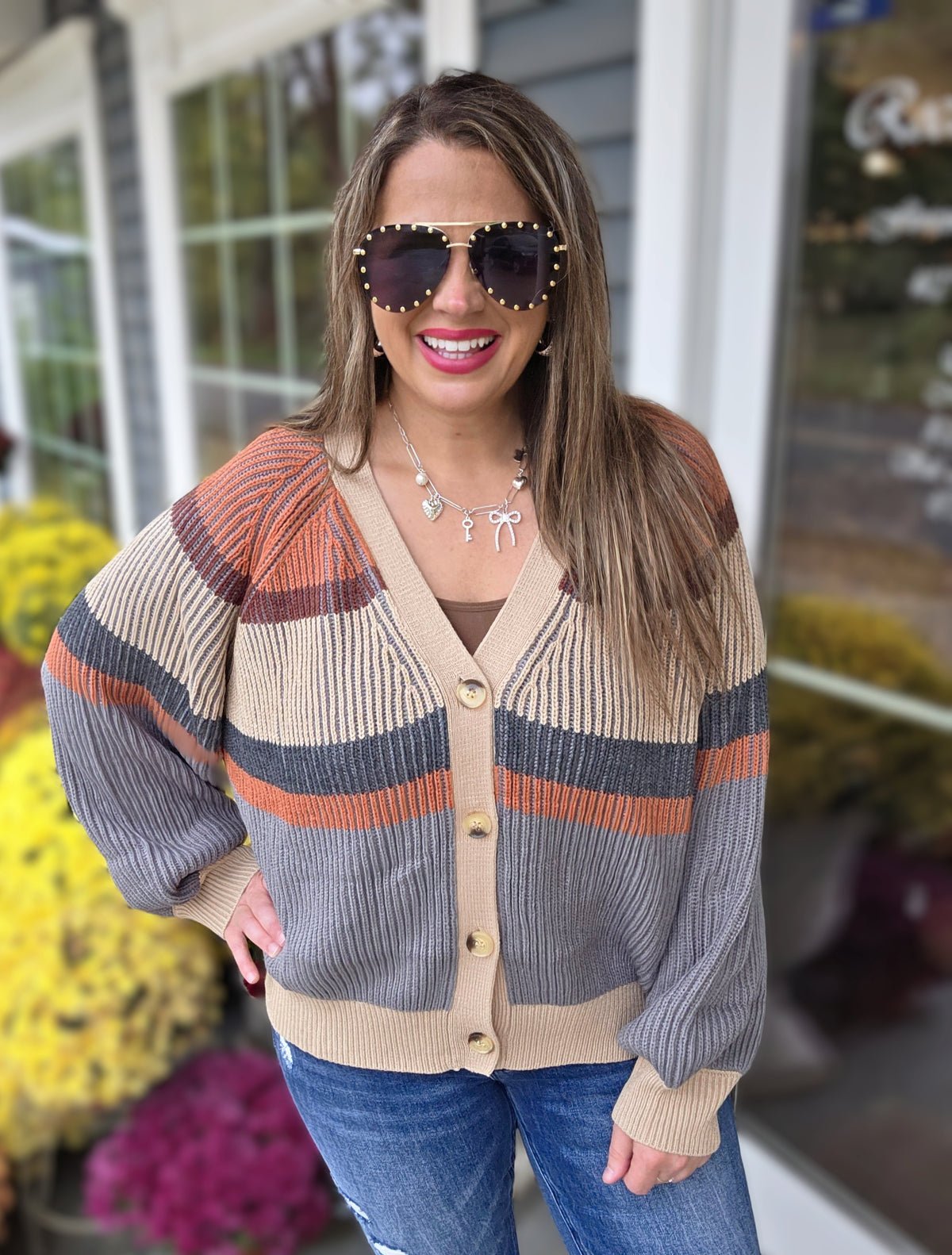 TAUPE/RUST/CHARCOAL V NECK BUTTON CARDIGAN/SWEATER