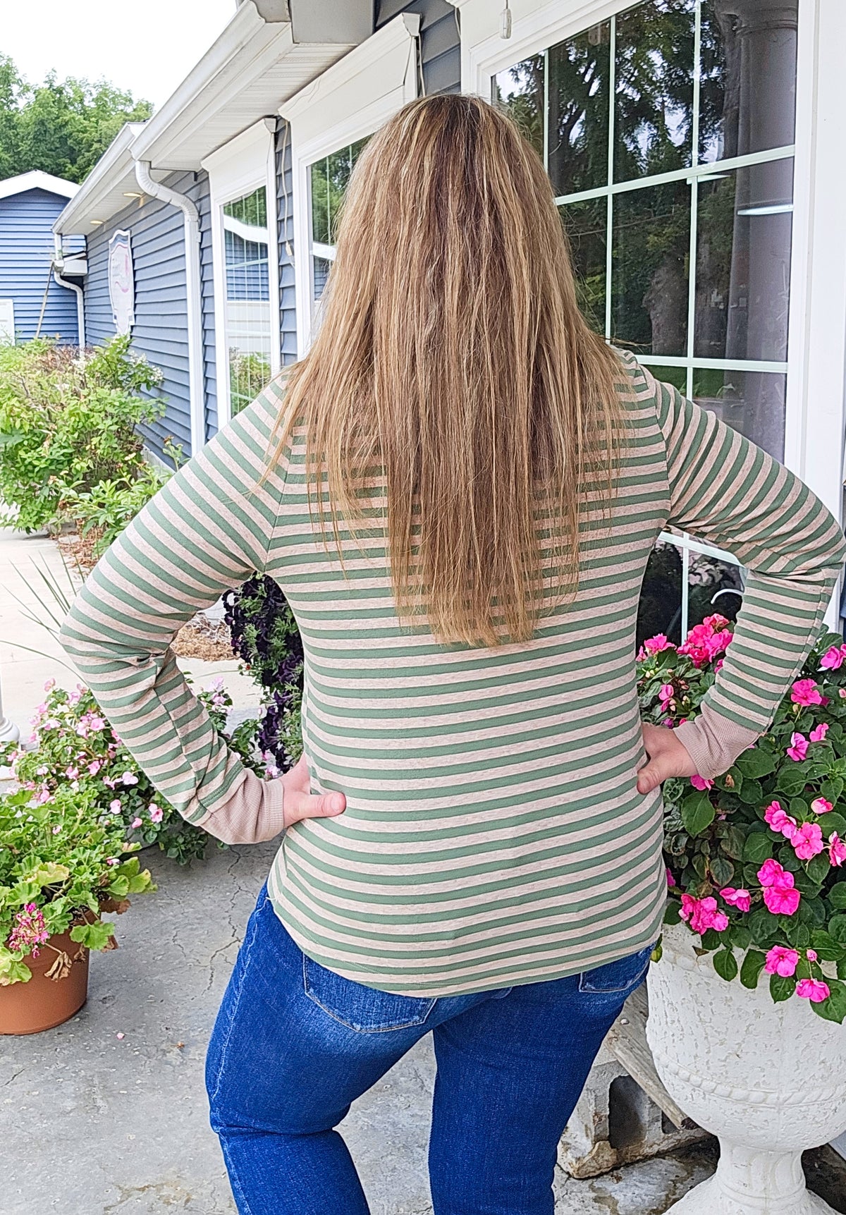 OLIVE/MOCHA STRIPED BUTTON HENLEY KNIT TOP