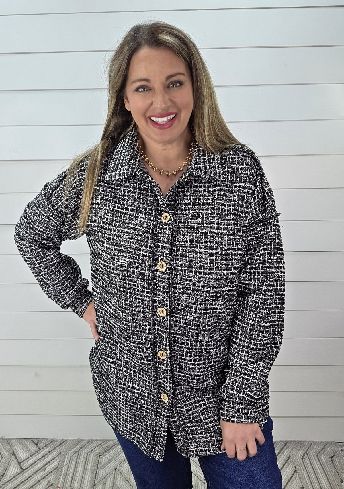 BLACK/CREAM GLITZ PLAID SOFT TWEED BUTTON DOWN