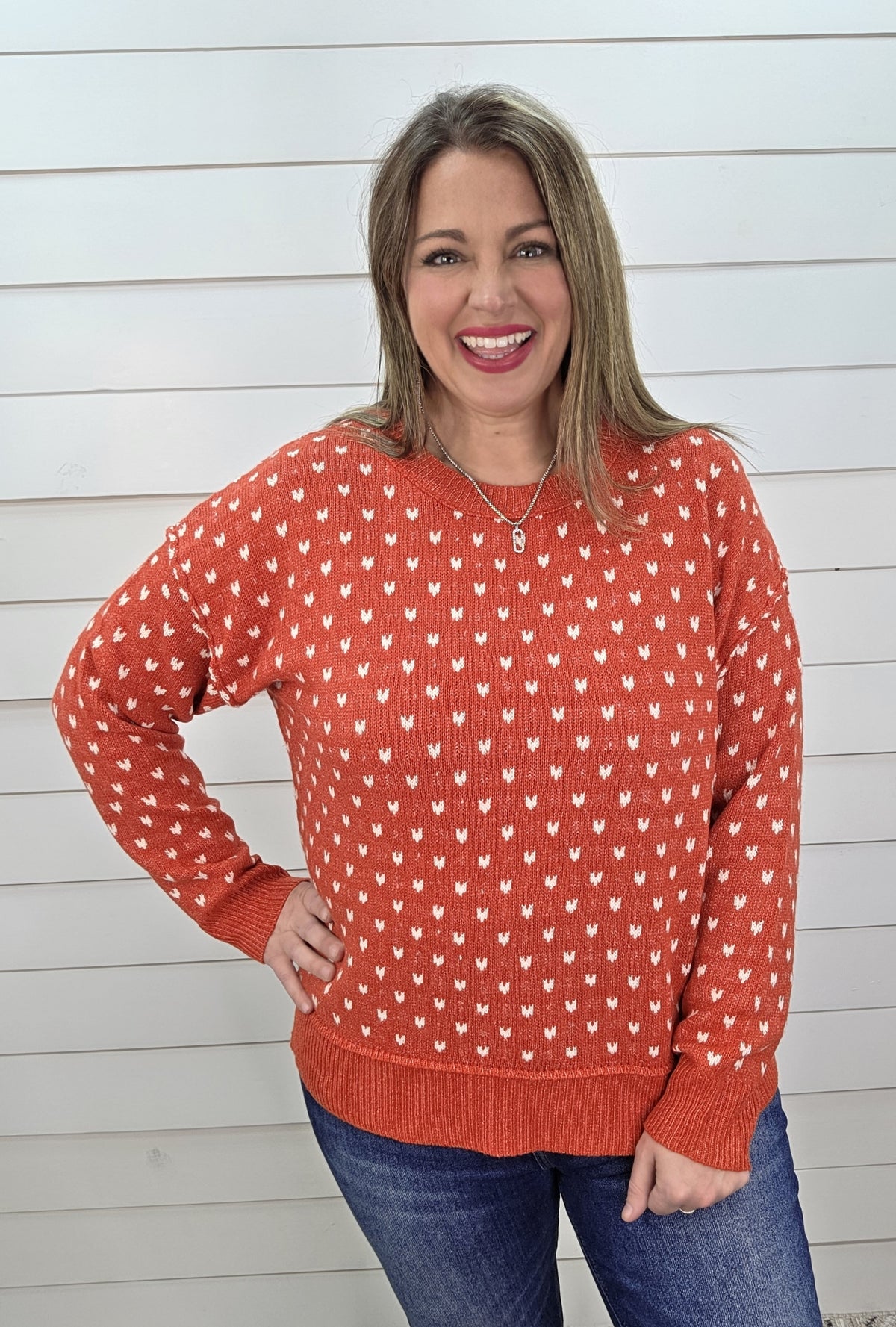 RED PRINTED TEXTURED CREW NECK SWEATER