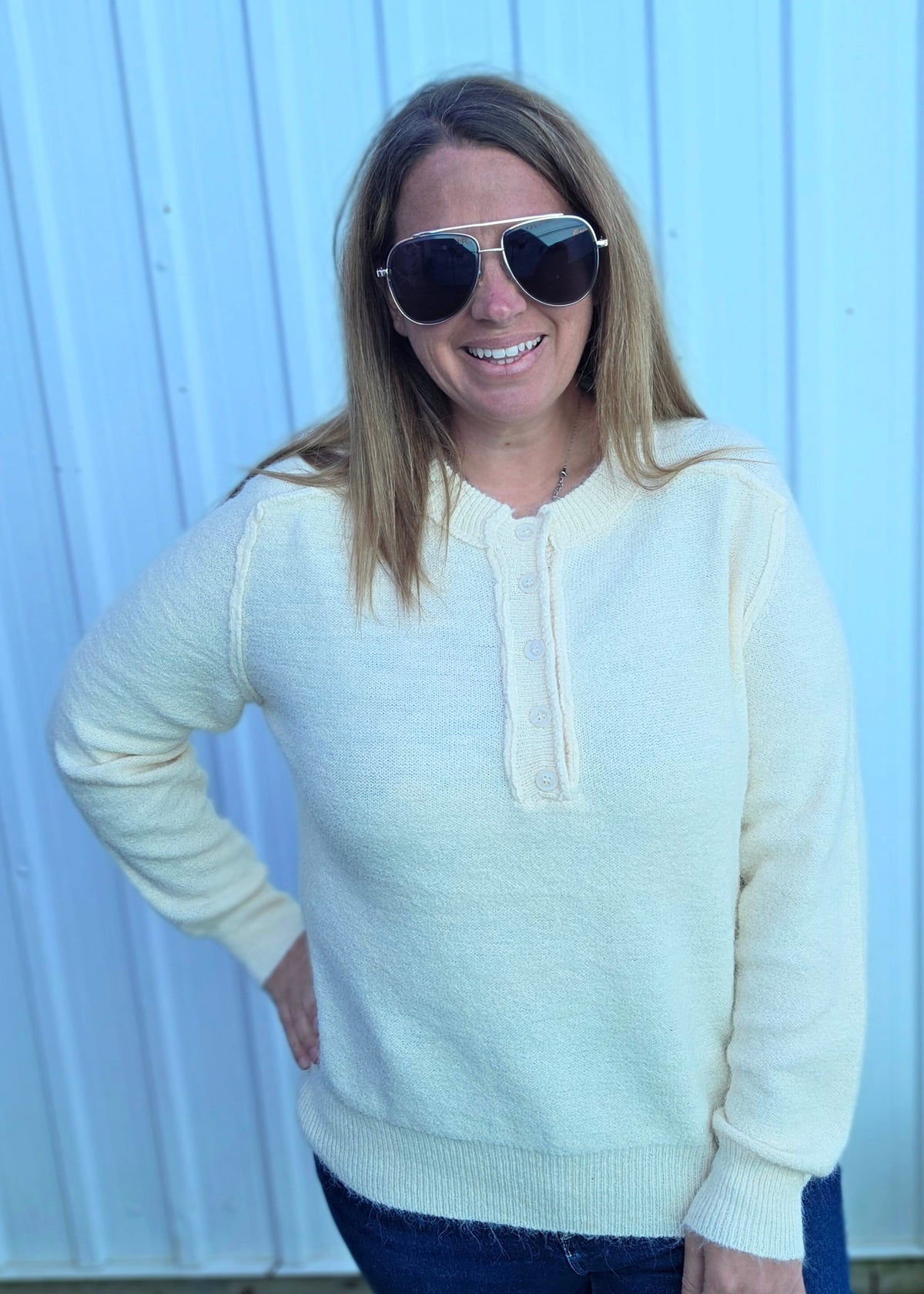 IVORY Half Buttons, Raglan Sleeve, Pullover Sweater