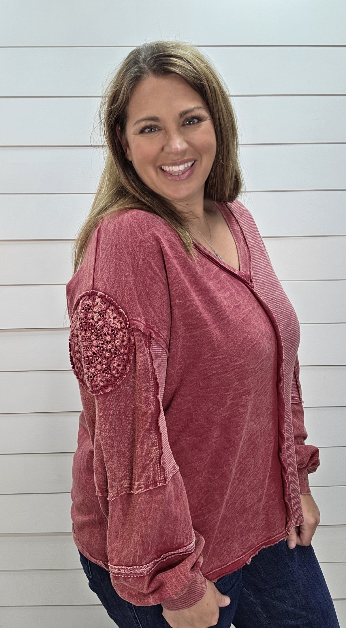 BURGUNDY Mineral Washed Doily V neck KNIT TOP