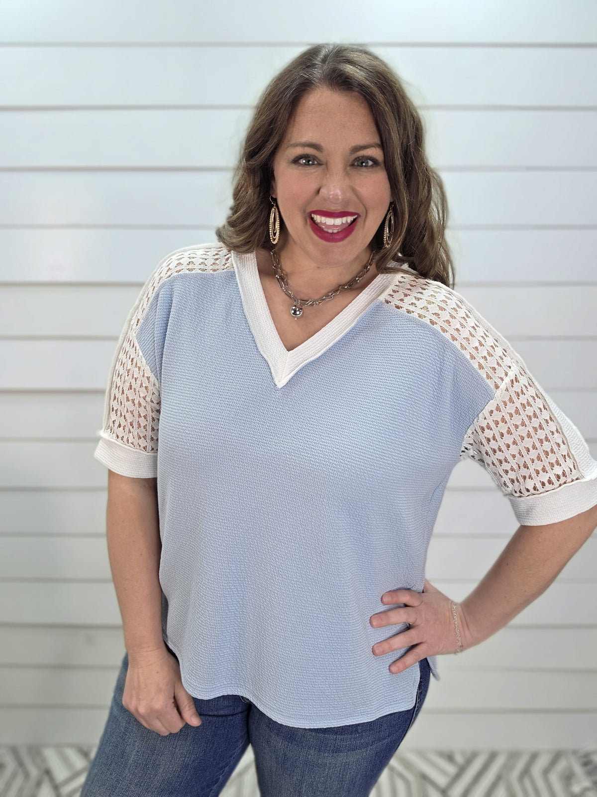 DENIM BLUE DREAM FABRIC W/ LACE CONTRAST SLEEVE