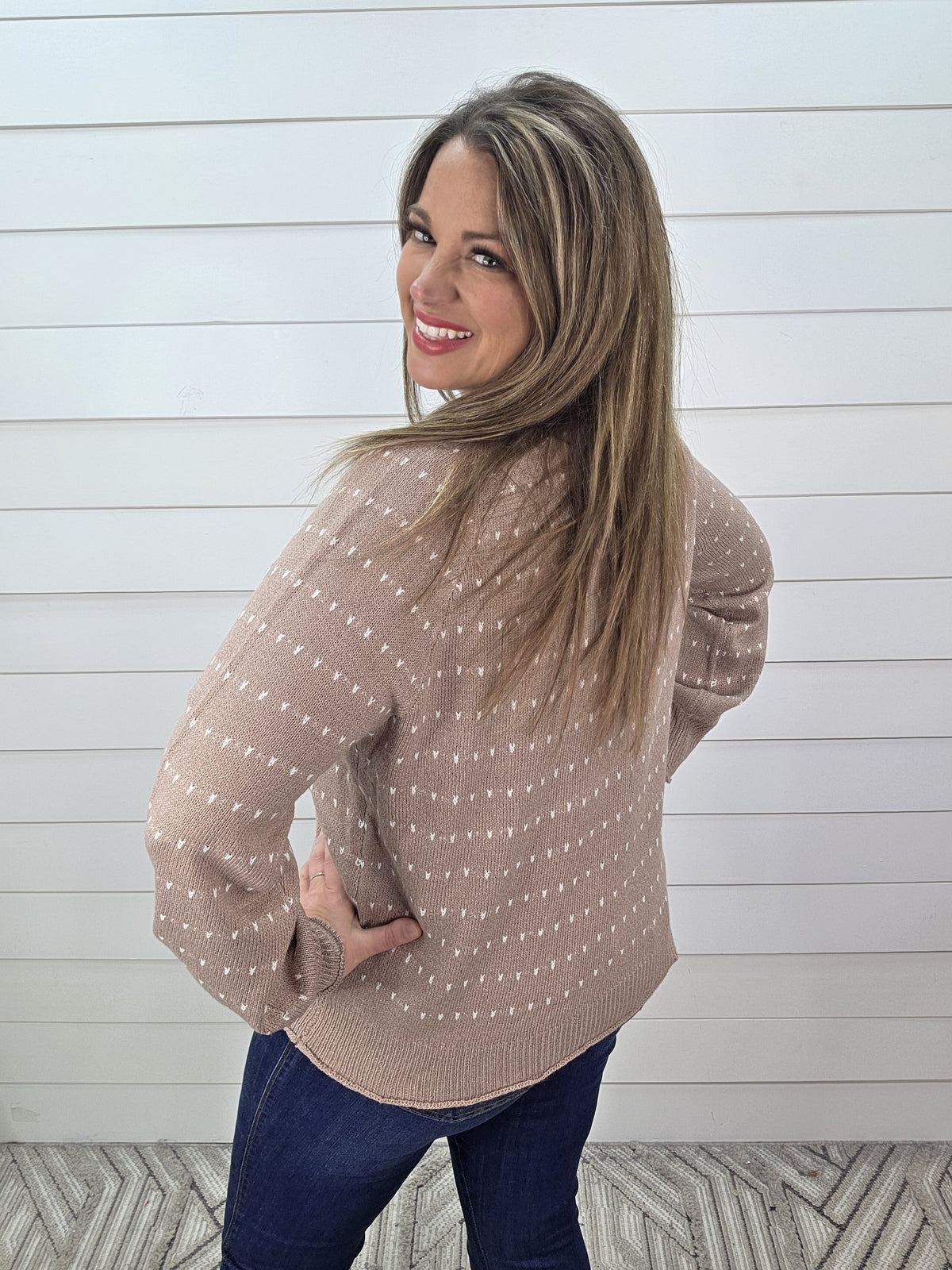 TAUPE DOT TEXTURED TRIM PULLOVER SWEATER
