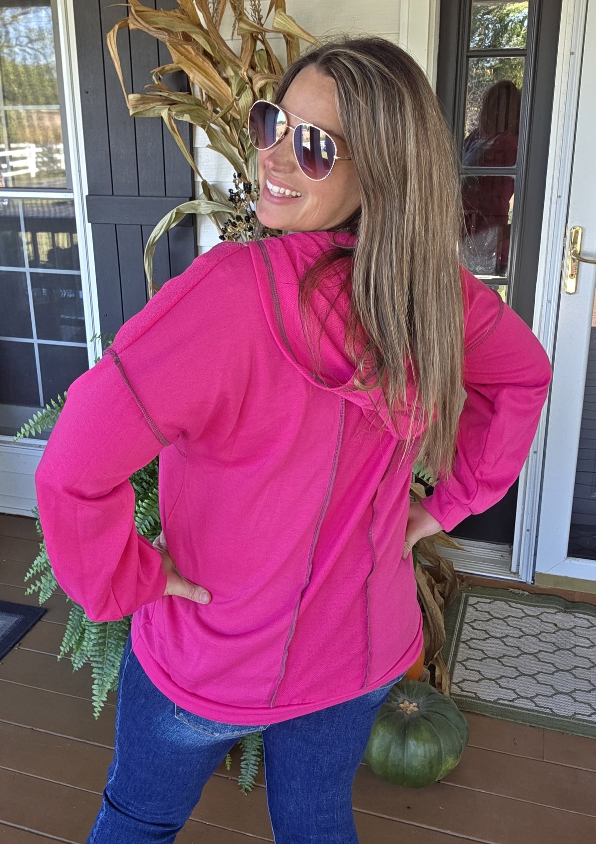 FUSCHIA MULTI COLOR CONTAST LIGHT WEIGHT FRENCH TERRY HOODIE