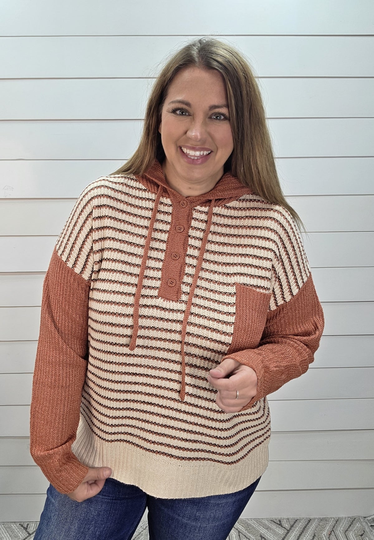 RUST Striped, Hoodie, Half Button, Chest Pocket, Pullover