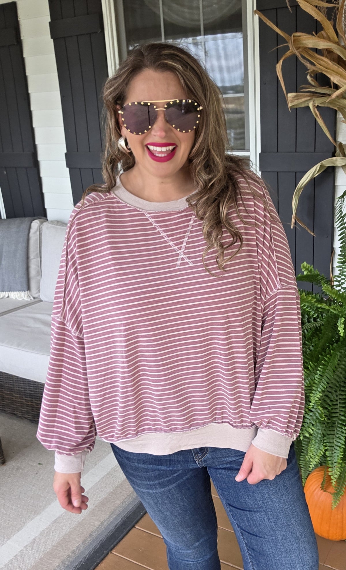 ROSE MAUVE STRIPED DROP SHOULDER LOOSE FIT TOP