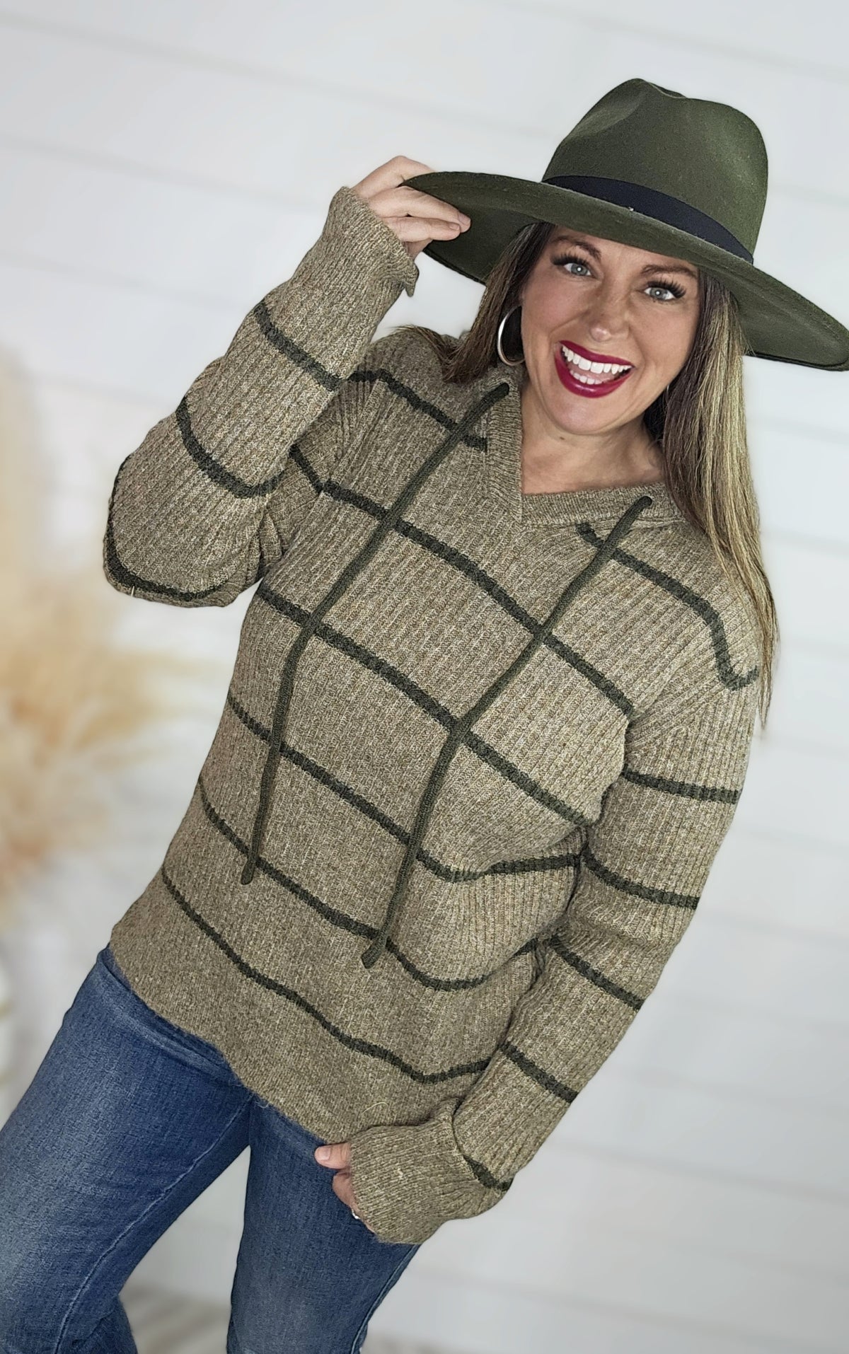 KHAKI HOODED RIBBED STRIPED SWEATER PULLOVER