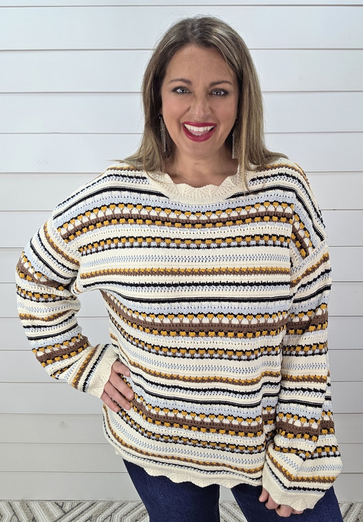 KAREN HART MUSTARD/BROWN OPEN KNIT SCALLOPED TRIM SWEATER