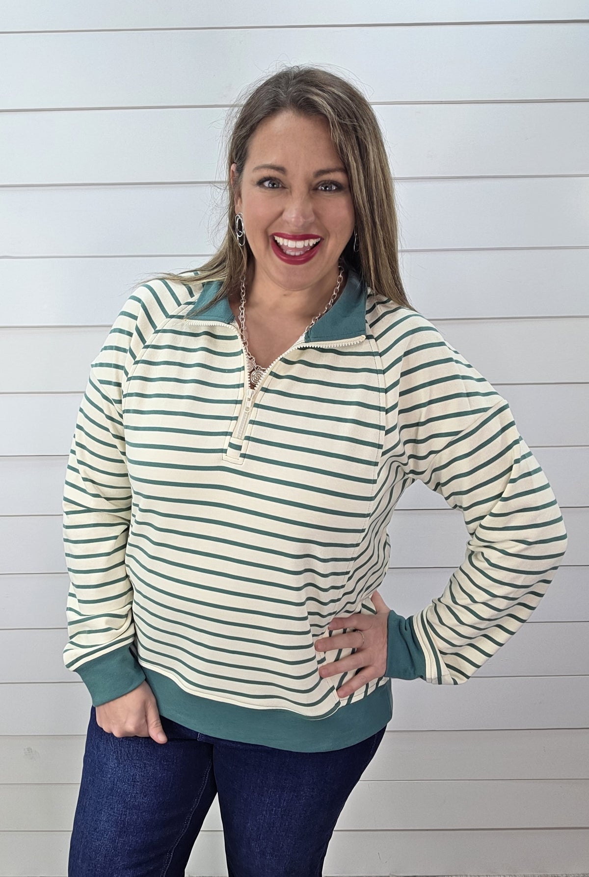 SAGE STRIPED FRENCH TERRY QUARTER ZIP