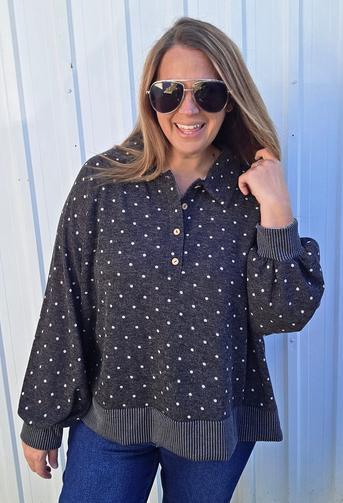 Charcoal Collared Neck Long Sleeve Polkadot Pullover Top With A Relaxed Loose Fit