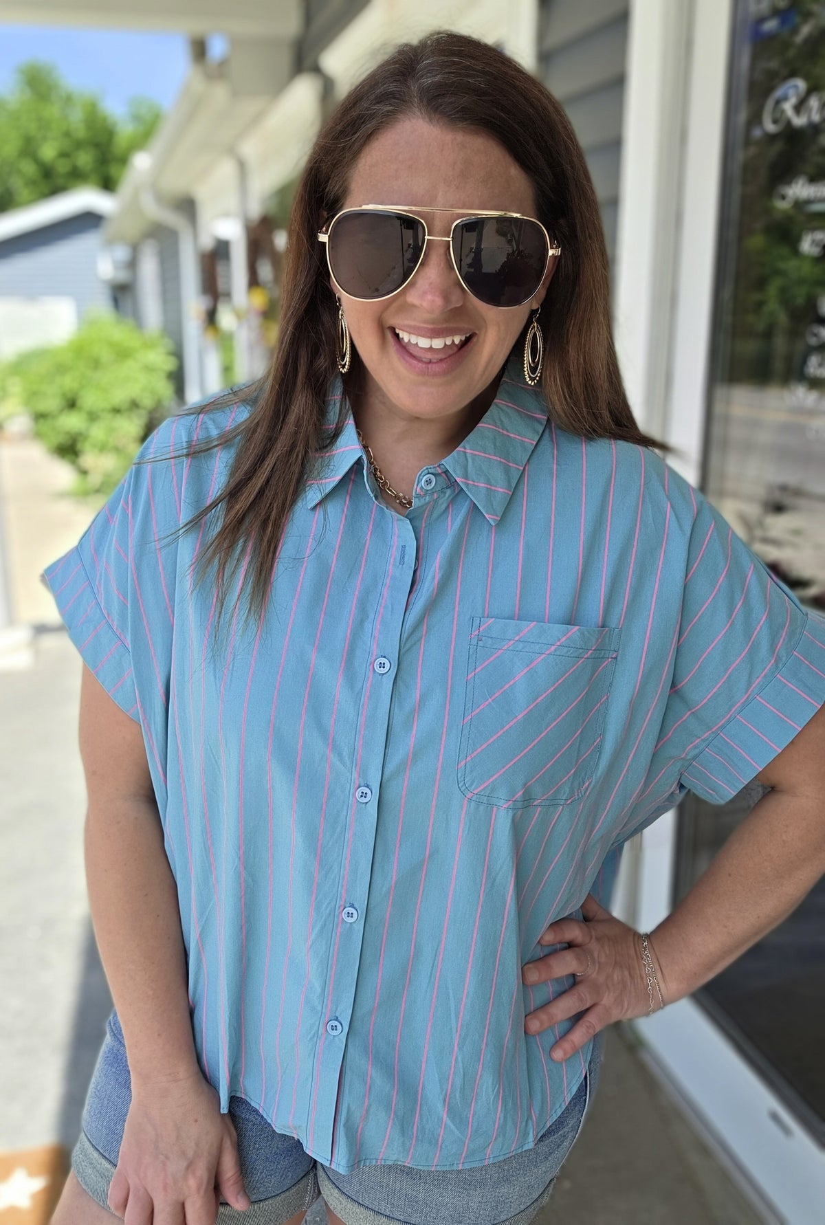 MINT/HOT PINK STRIPED BUTTON DOWN OVERSIZED TOP
