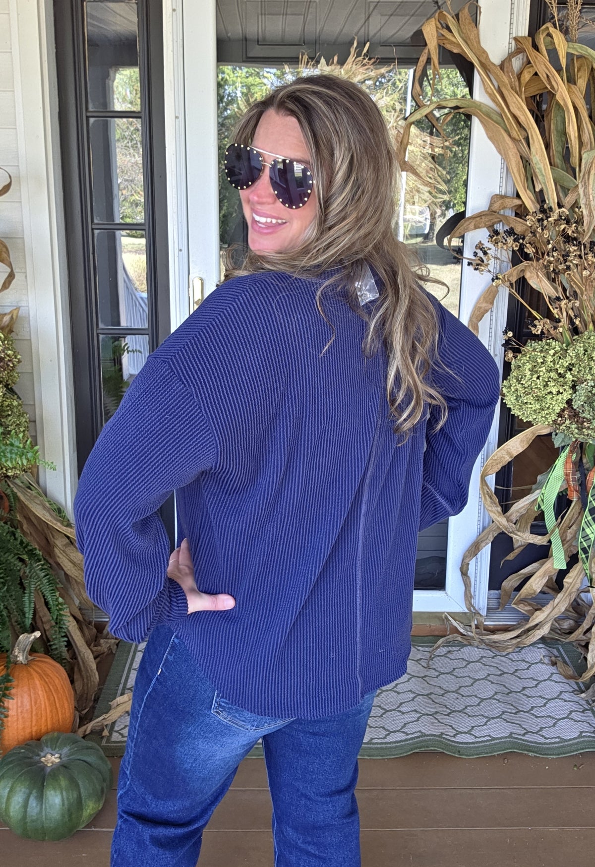 NAVY RAISED RIBBED V NECK HENLEY TOP