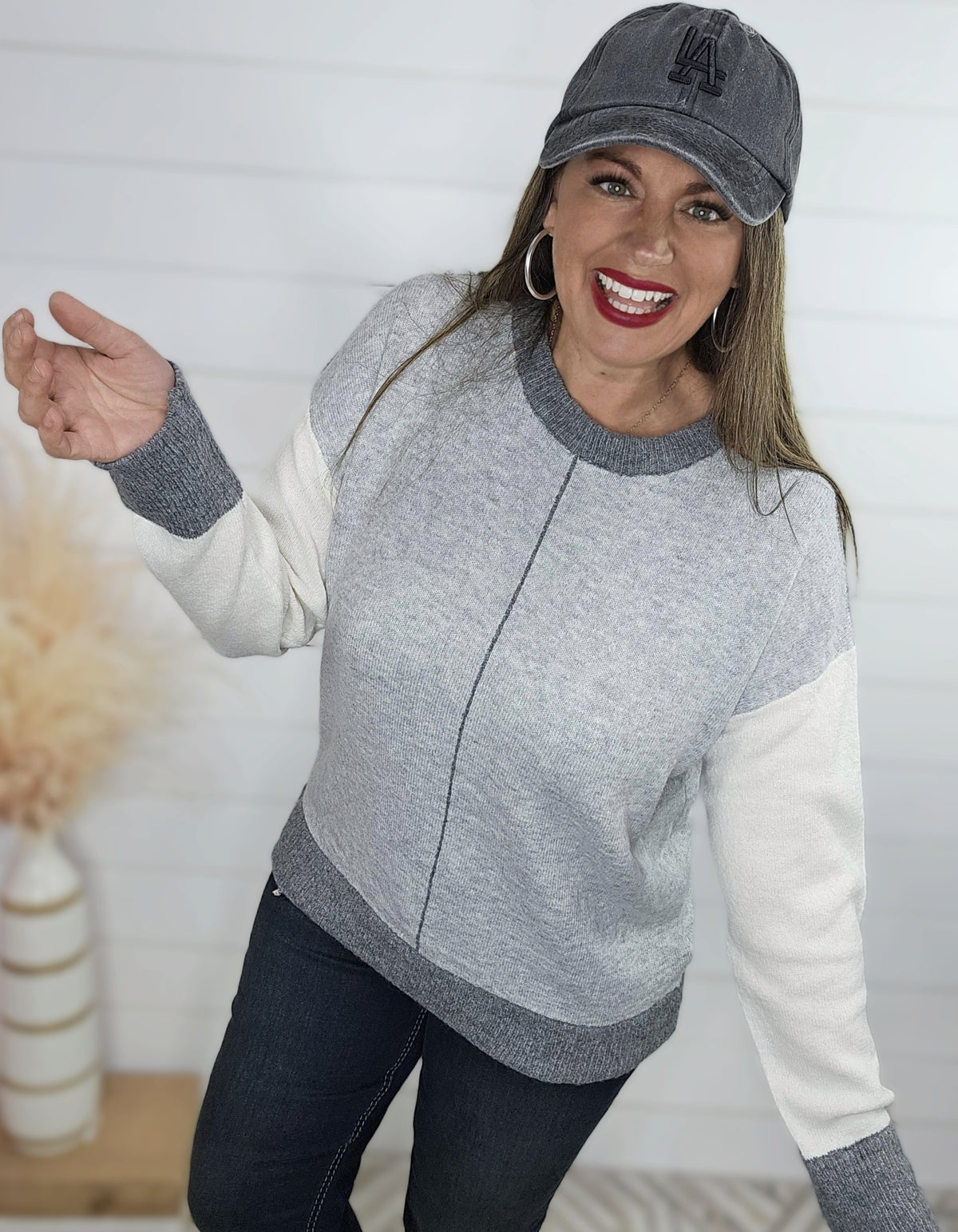 LIGHT GREY COLORBLOCK CONTRAST LINE DETAIL PULLOVER SWEATER