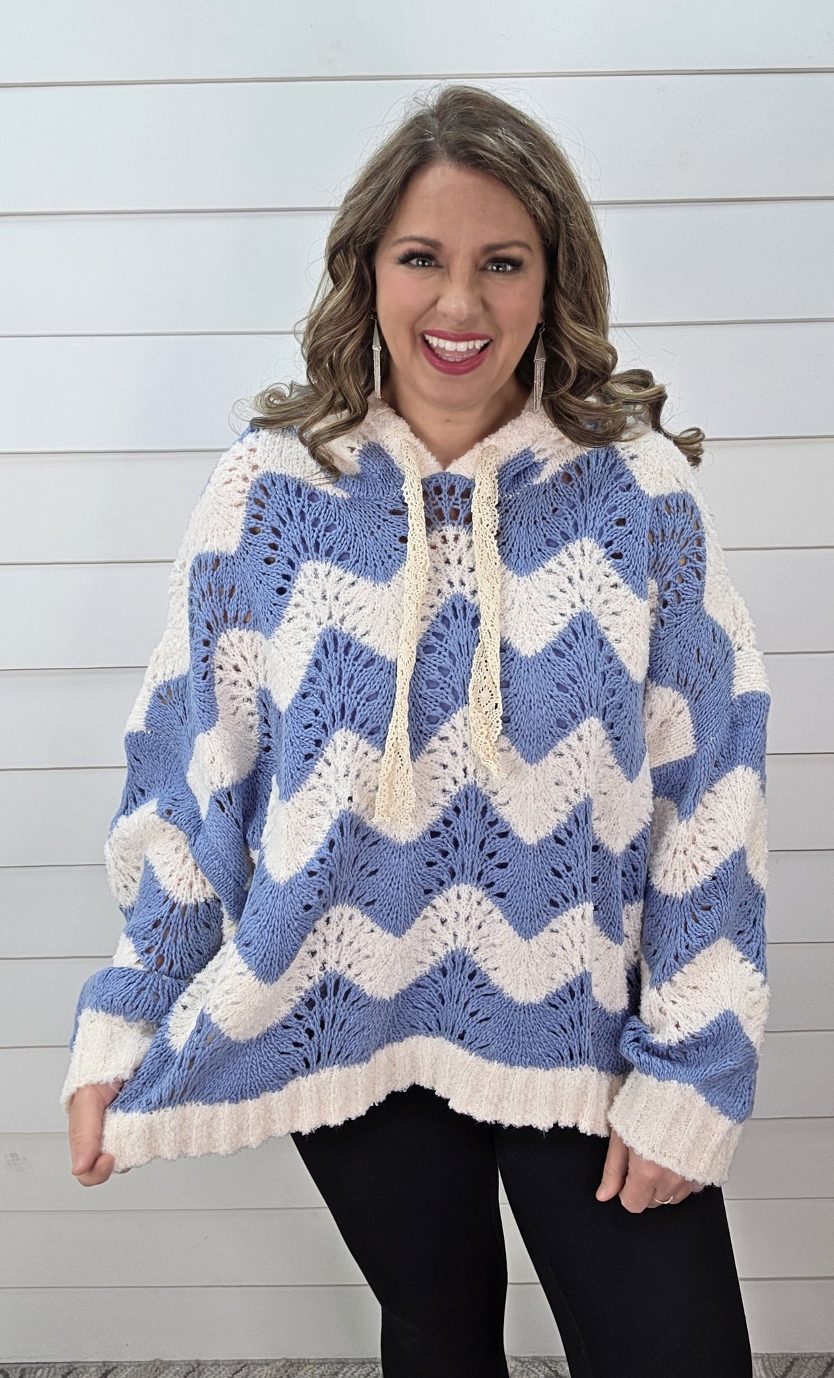 POL IVORY/BLUE OPEN KNIT OVERSIZED SWEATER