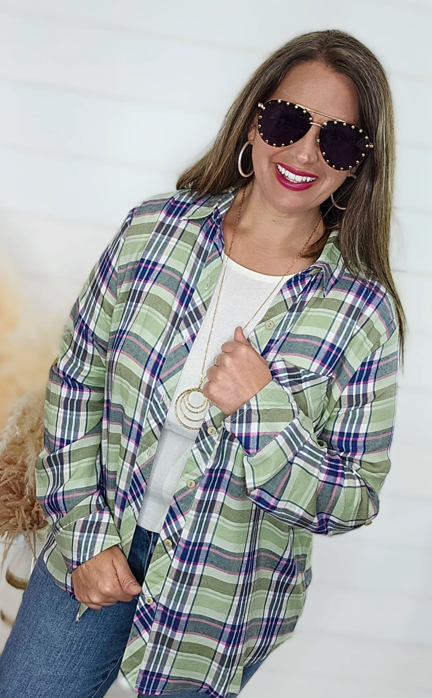 GREEN/BLUE PLAID ROLLUP SLEEVE TOP