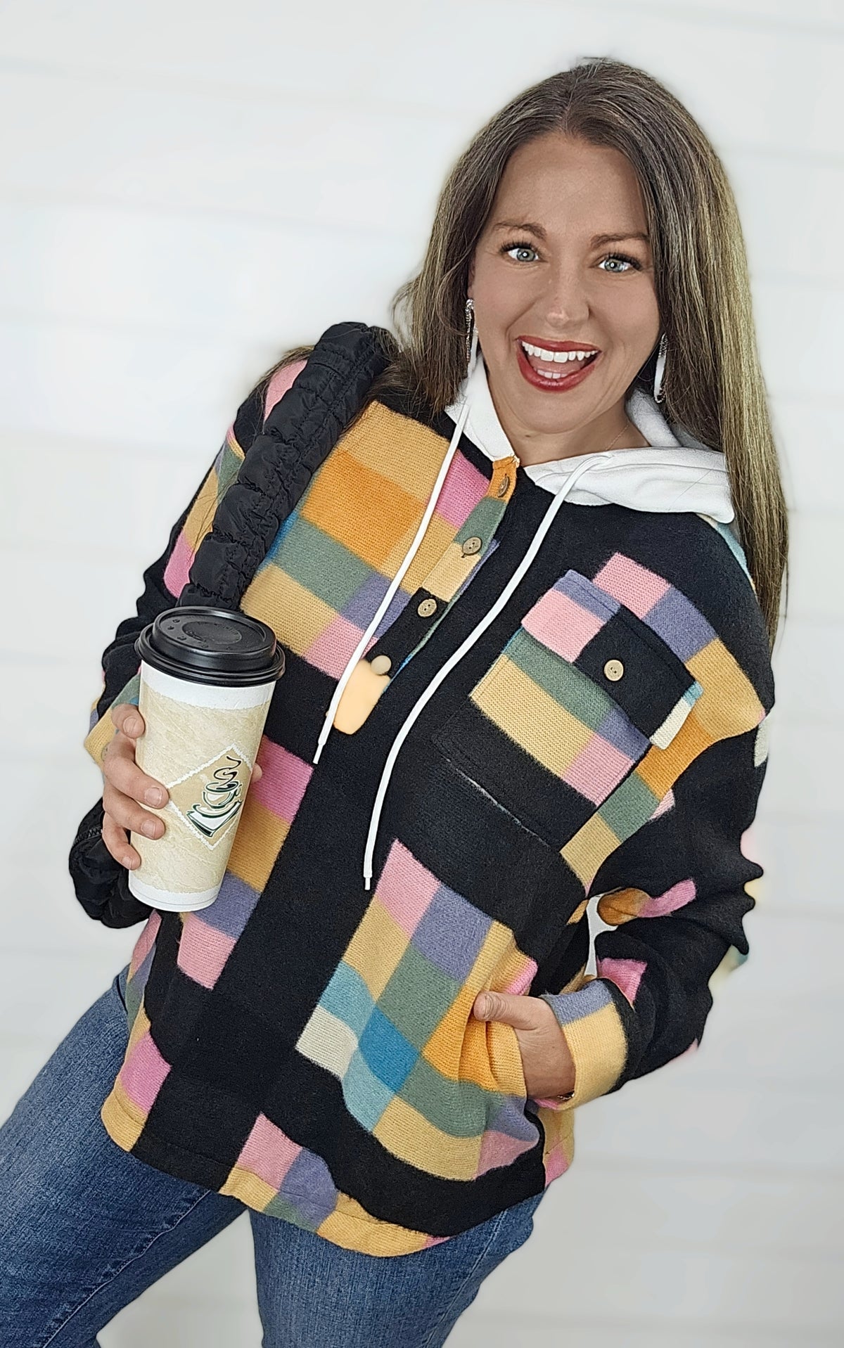 MULTI COLOR CHECK FLEECE SOFT HOODED TOP