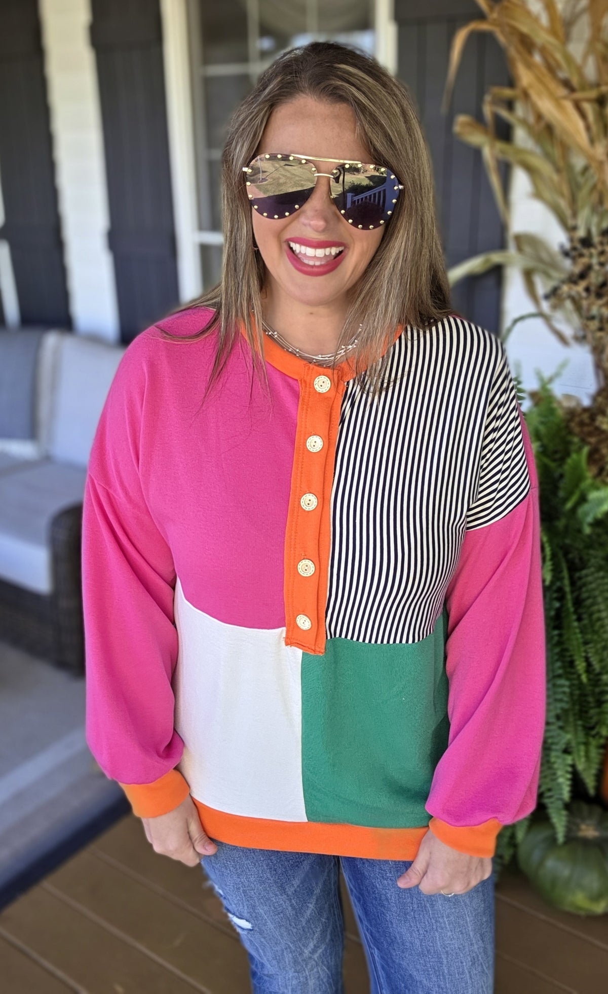 MULTI COLOR BLOCK FRENCH TERRY HENLEY TOP