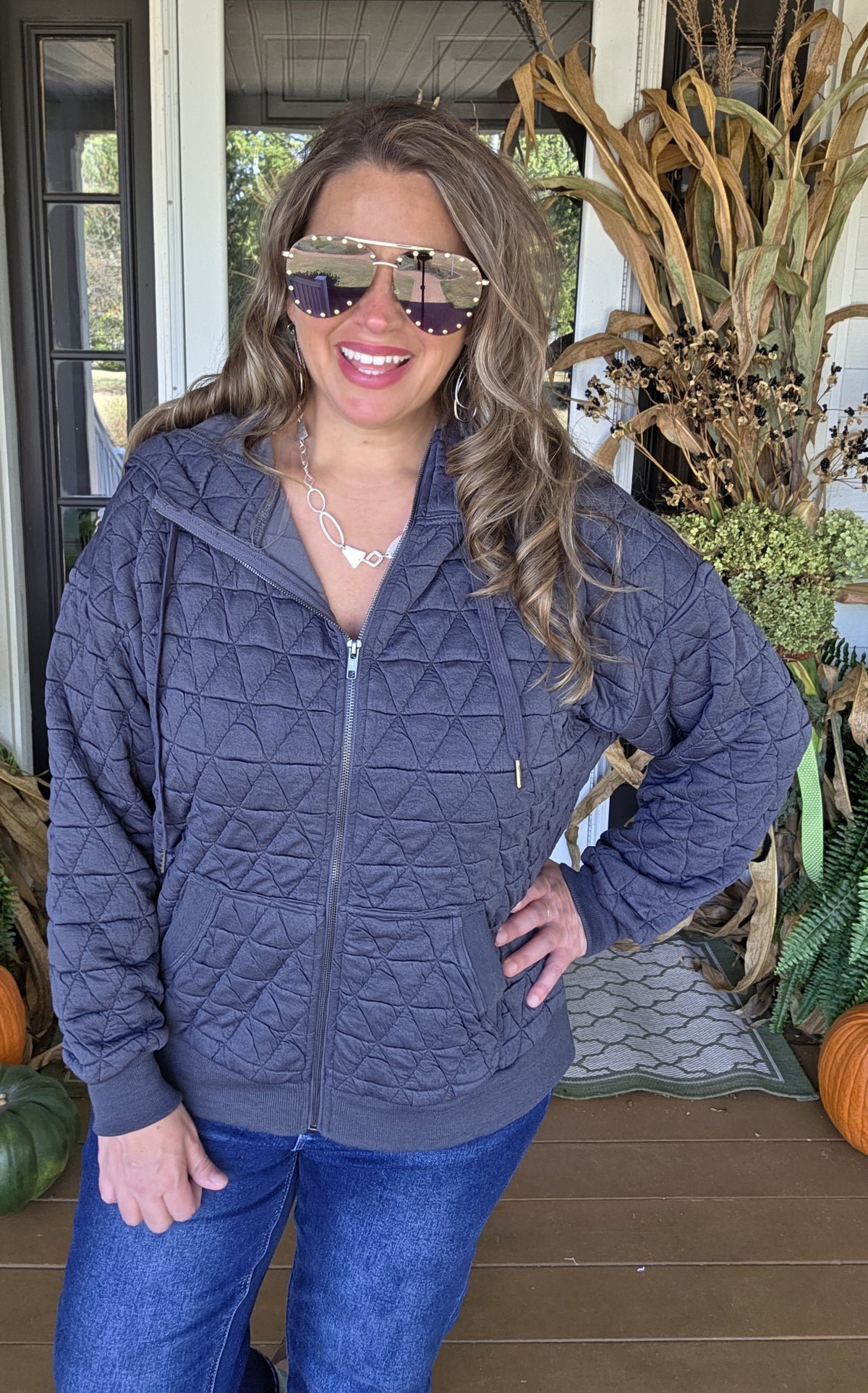 GUNMETAL QUILTED ZIP UP JACKET