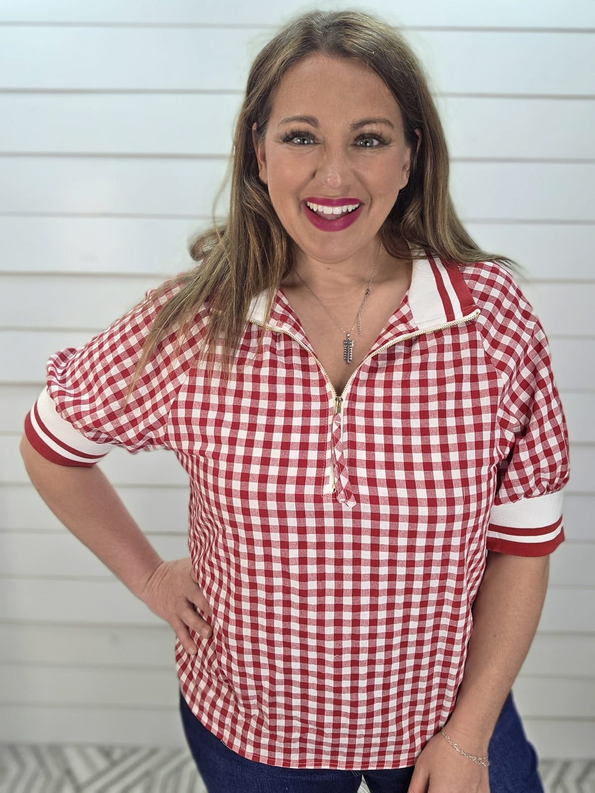 RED GIGHAM HALF ZIP WOVENT TOP