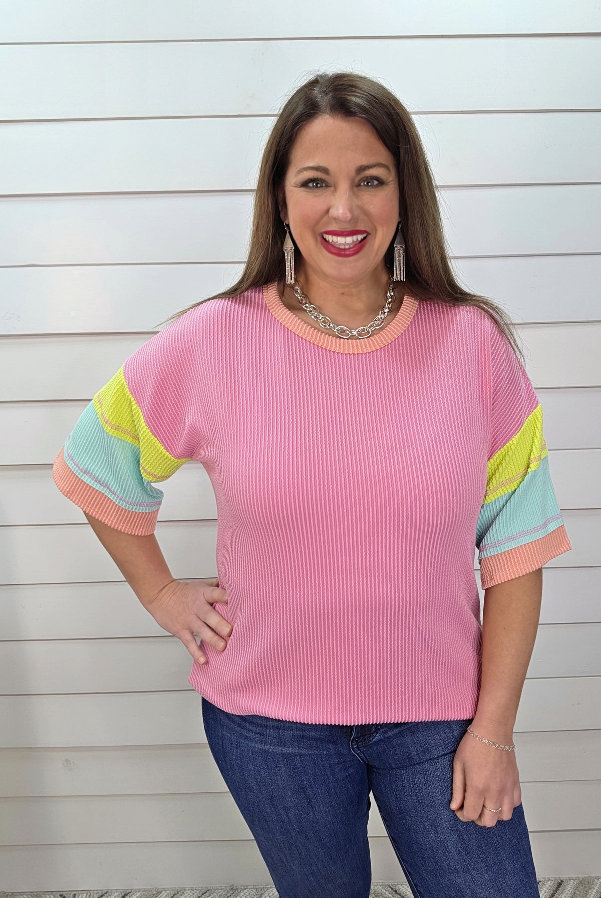 PINK RAISED RIBBED KNIT TOP W/ COLORBLOCK SLEEVES