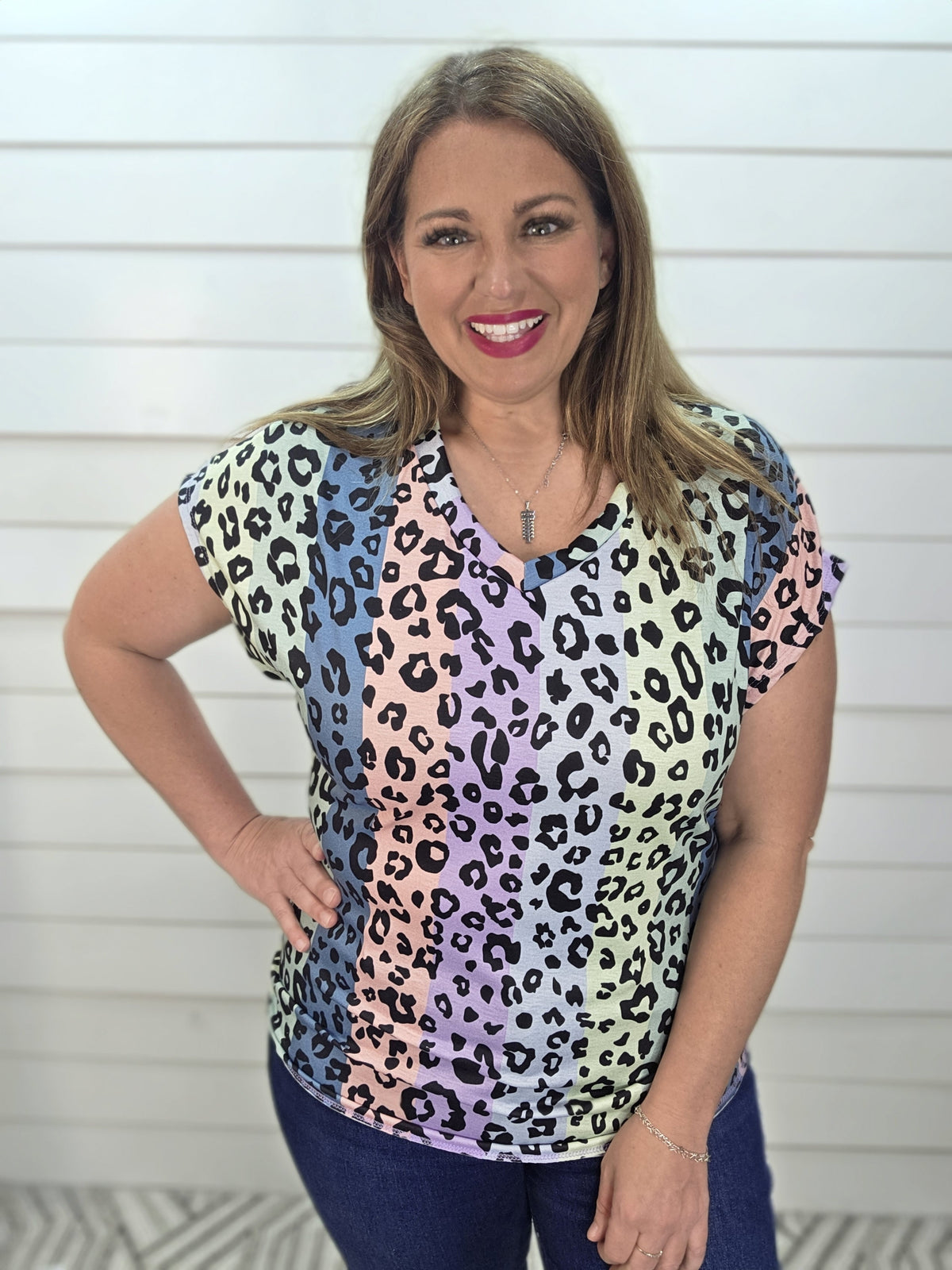 MULTI COLOR VERTICAL STRIPED ANIMAL PRINT V NECK TOP