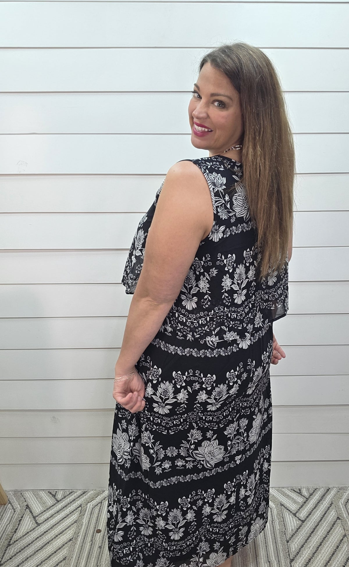 BLACK FLORAL OVERLAY ELASTIC WAIST LONG DRESS