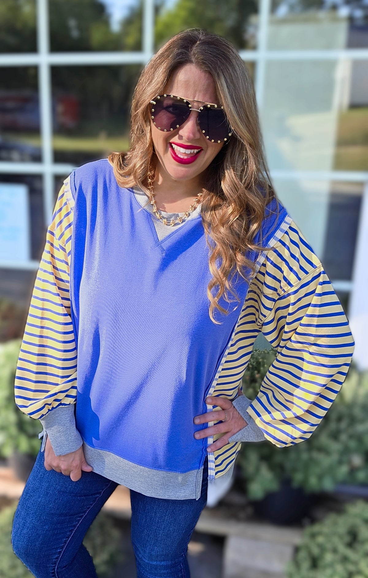 BLUE/STRIPED CONTRAST FRENCH TERRY TOP