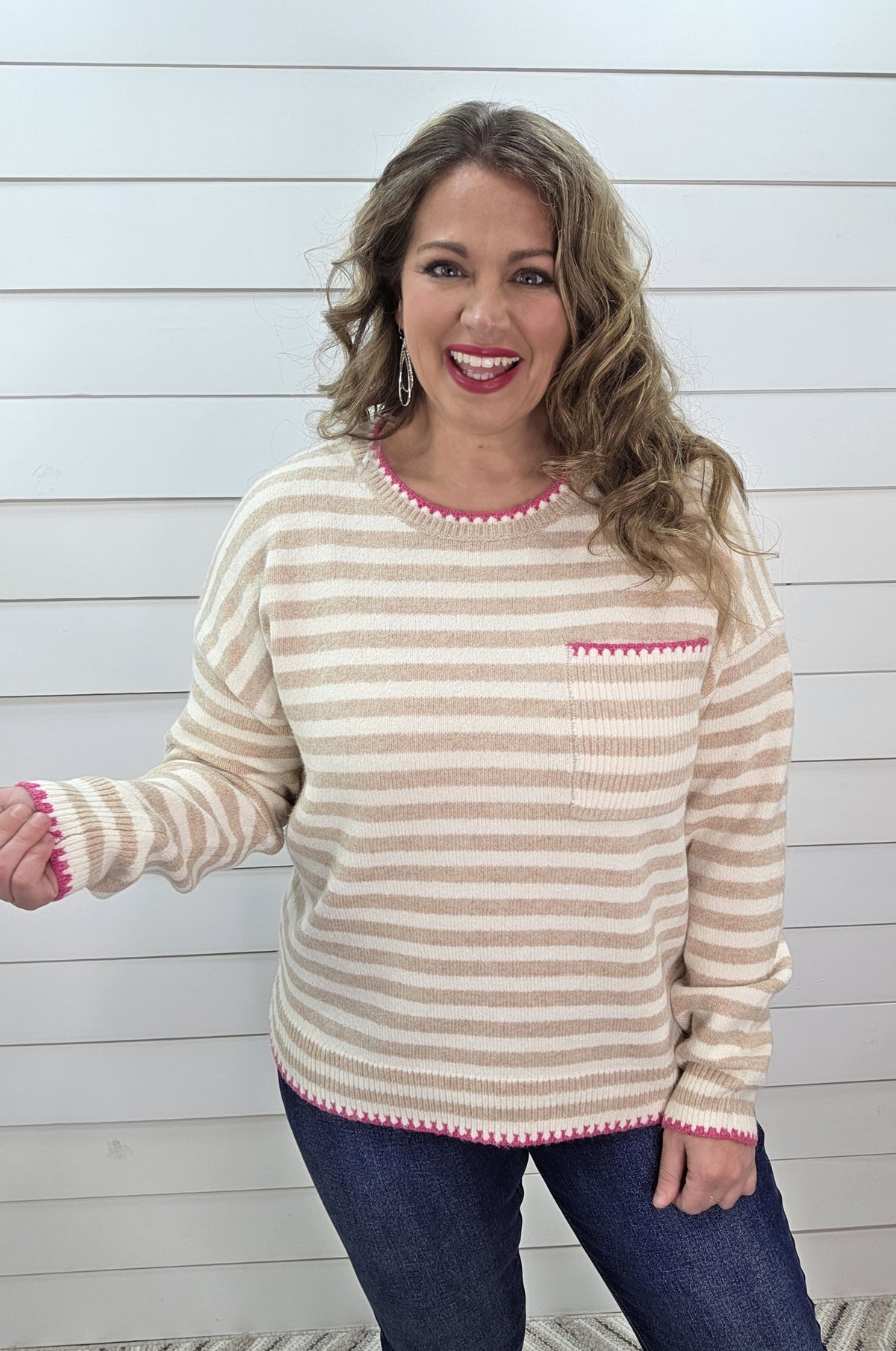 TAUPE/CREAM STRIPED SWEATER W/ HOT PINK TRIM