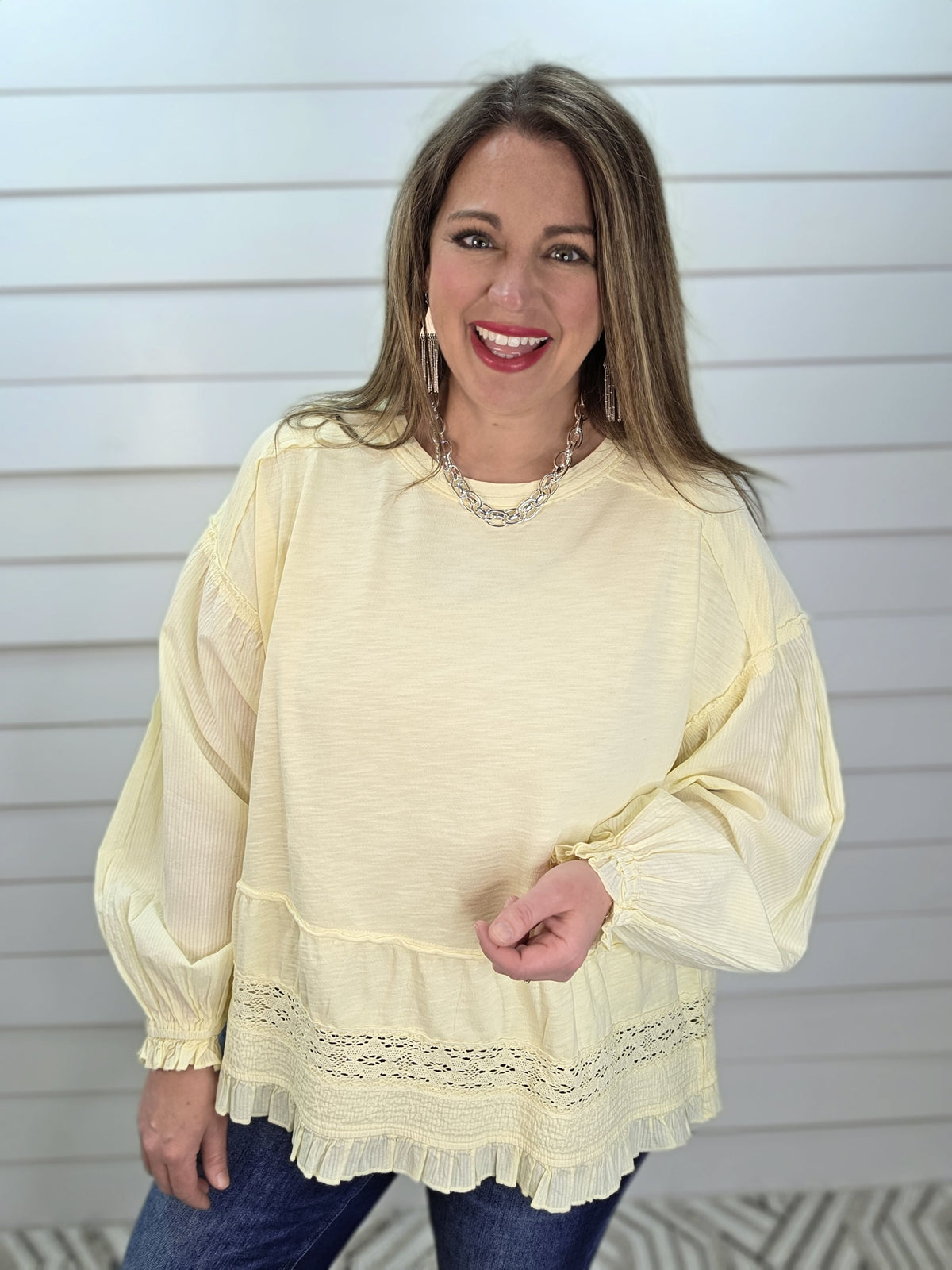 BUTTER YELLOW OVERSIZED LACE TRIM TOP