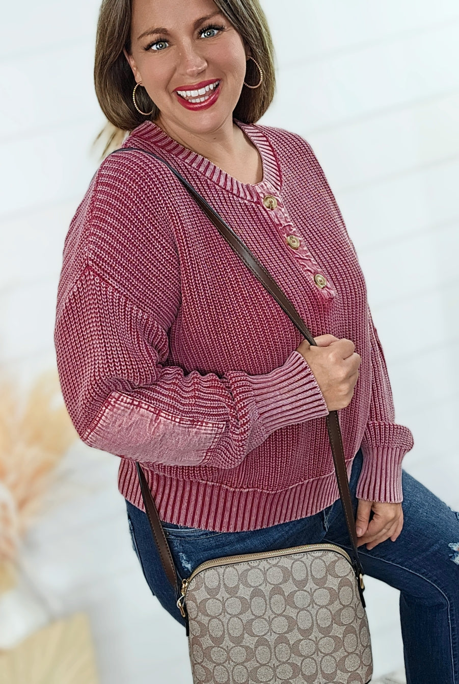 BURGUNDY MINERAL WASH HENLEY COTTON SWEATER