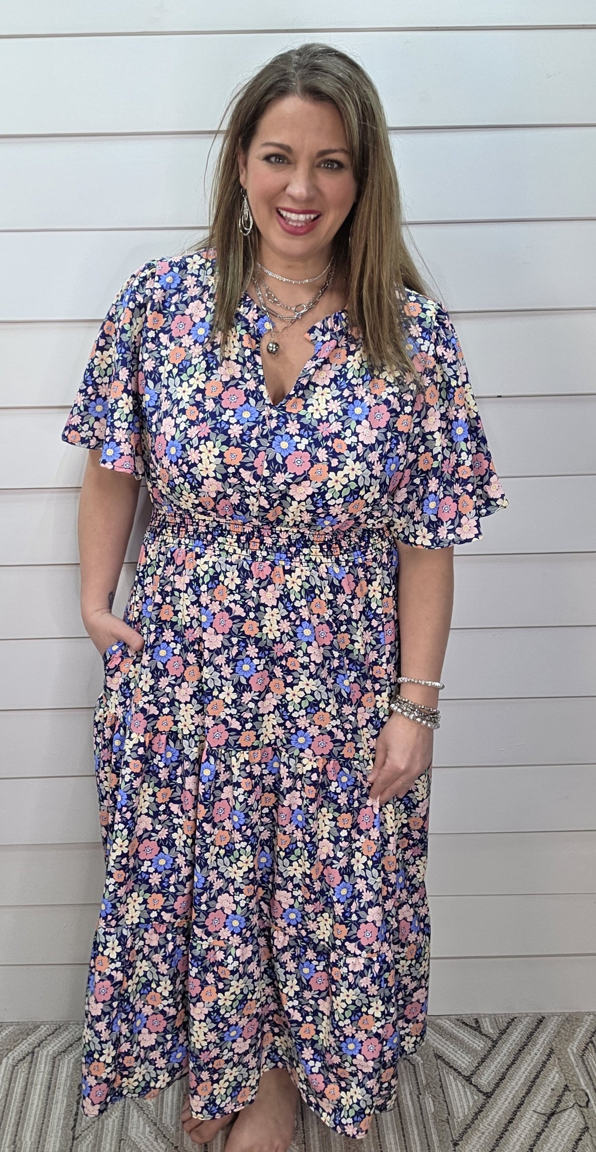 NAVY FLORAL V NECK ELASTIC WAIST LONG DRESS