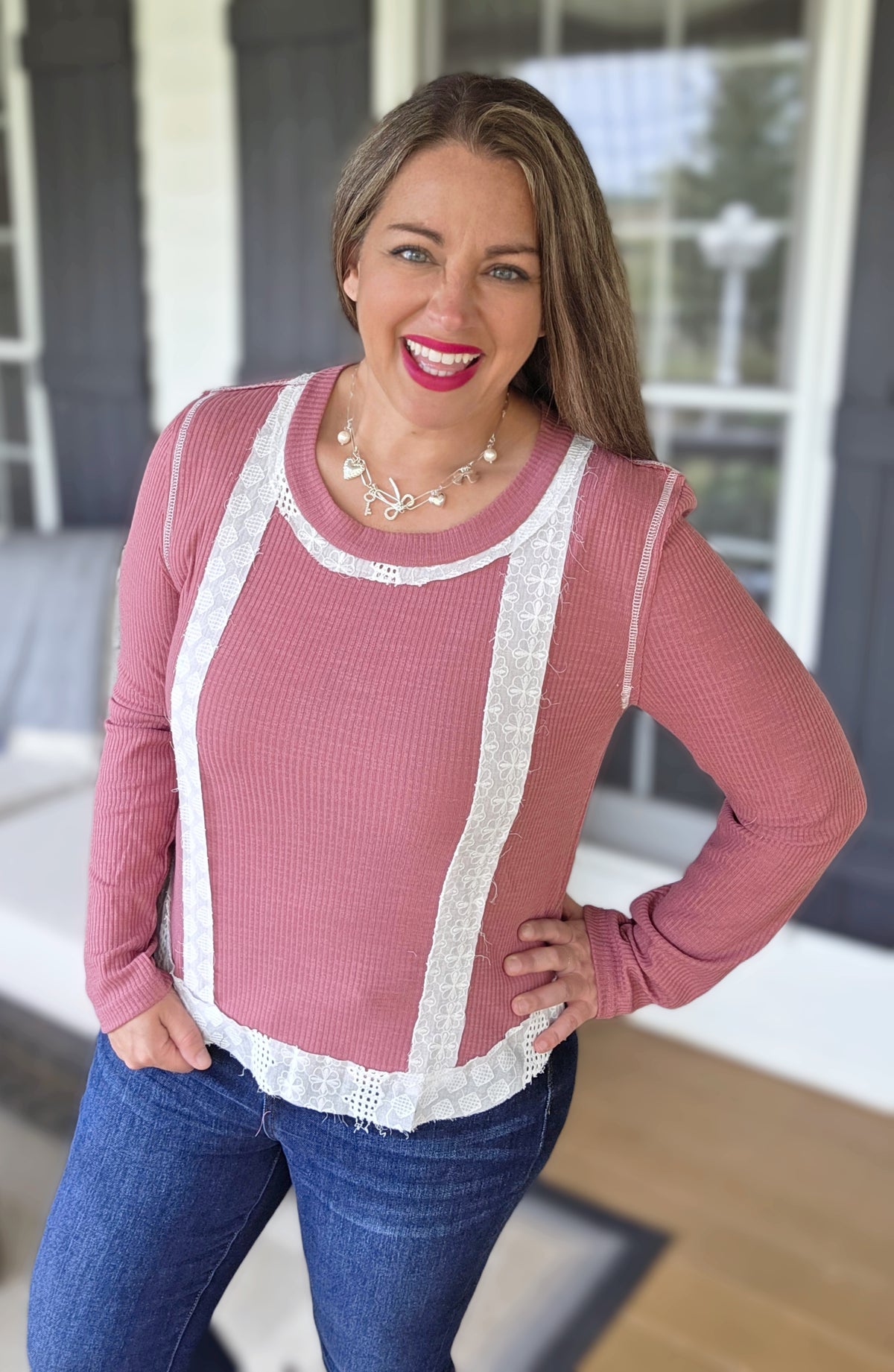 POL MAUVE PINK RIBBED/LACE TRIM KNIT TOP