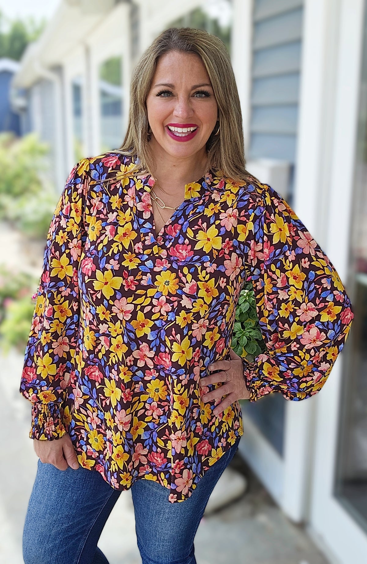 DEAR SCARLETT CHOCOLATE MULTI FLORAL LONG SLEEVE SMOCKED LIZZY